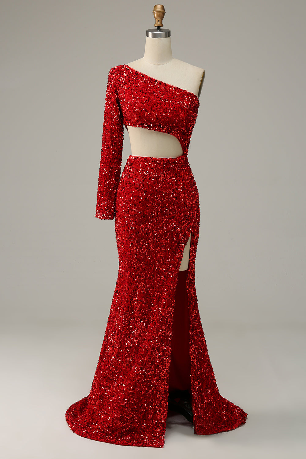 Mermaid One Shoulder Red Sequins Cut Out Prom Dress with Slit Front