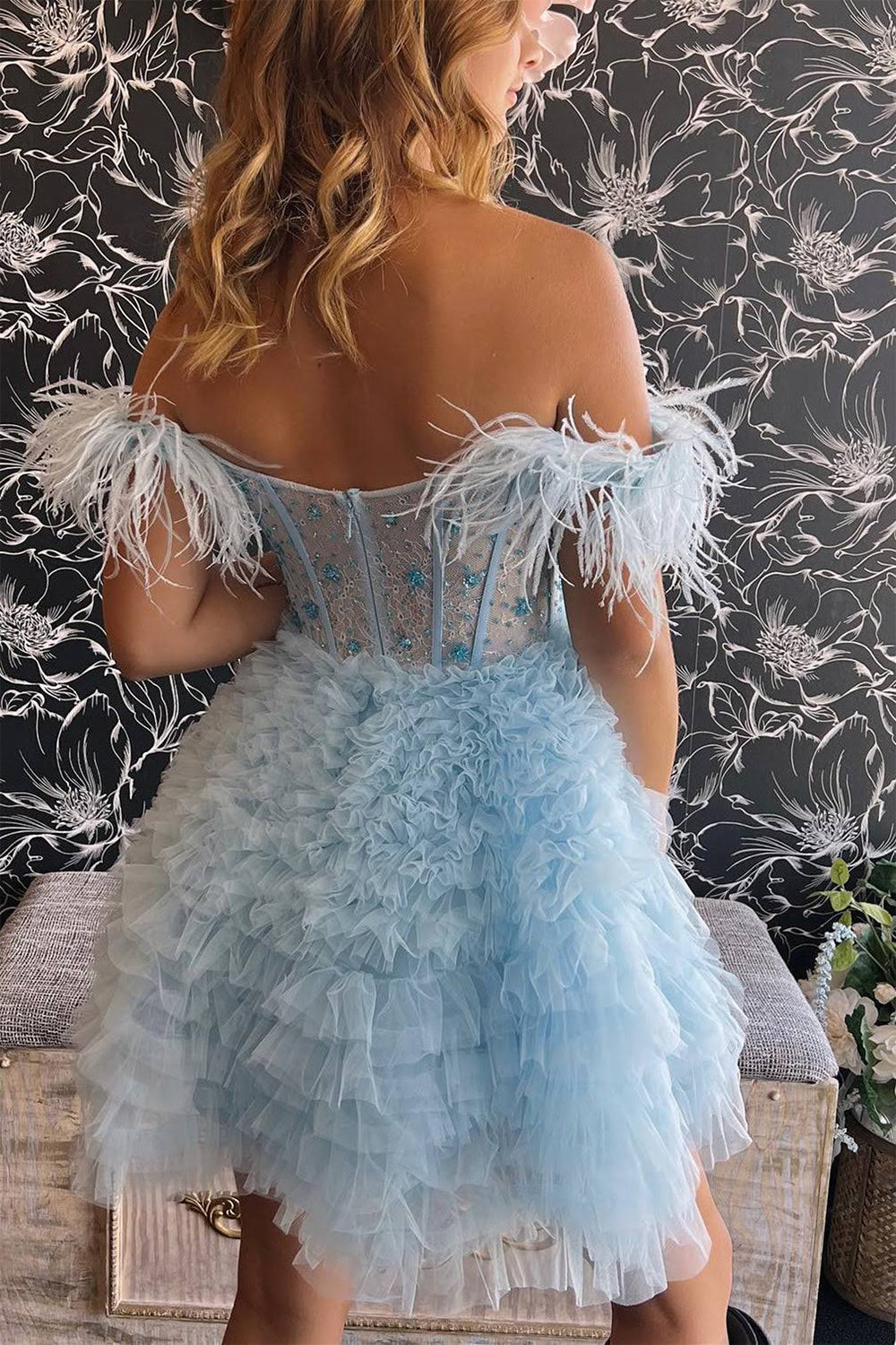 Olivia | A Line Off the Shoulder Light Blue Short Homecoming Dress with Feather