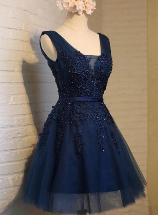 Cute Navy Blue Knee Length Lace Applique Party Dress, Homecoming Dress