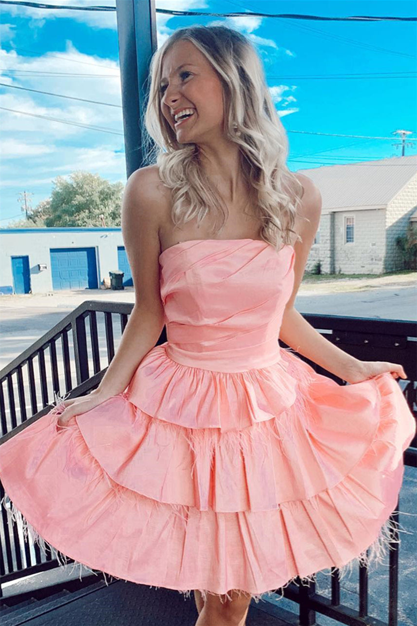 Pink Strapless Satin A-line Multi-Layers Homecoming Dress with Feathers