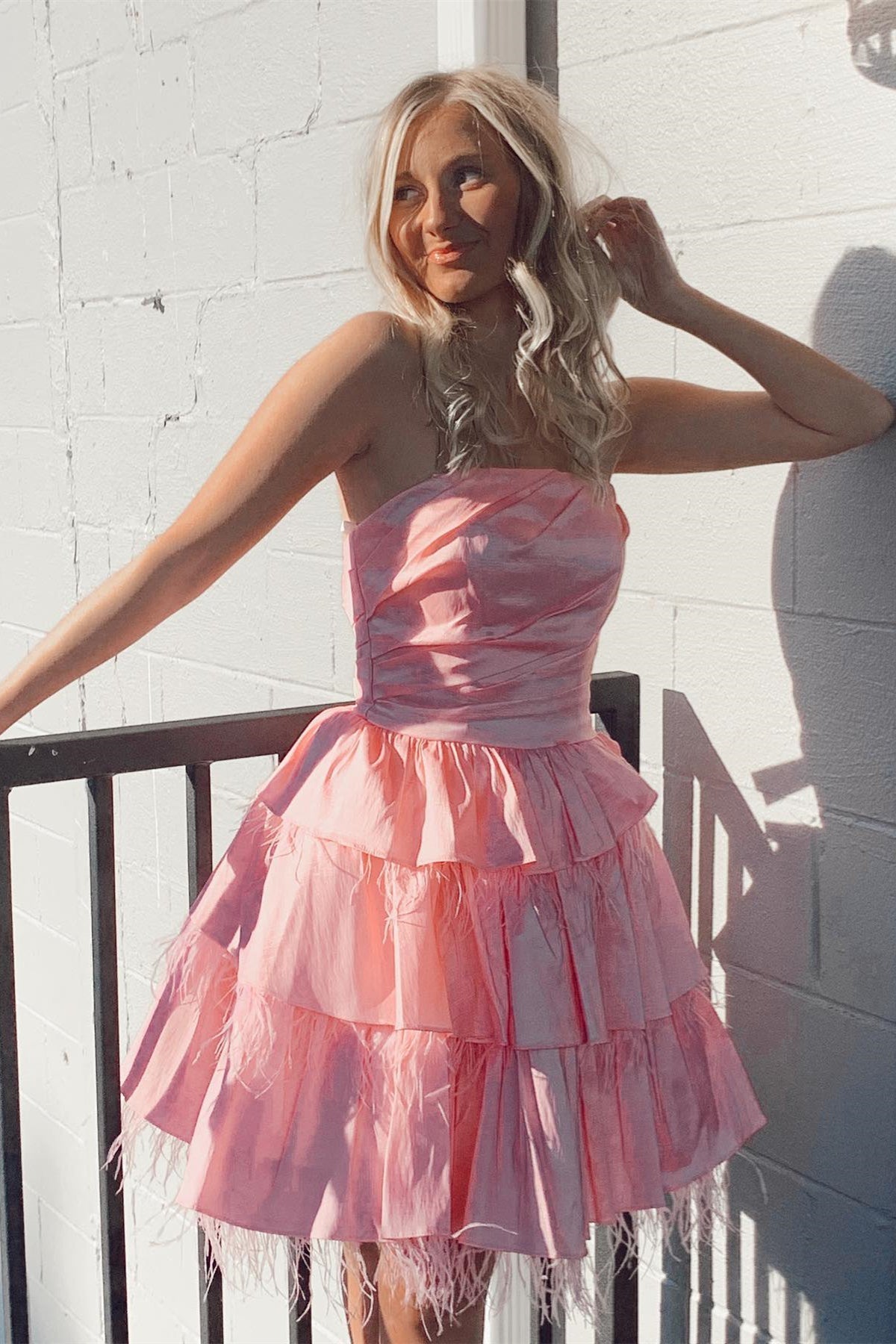 Pink Strapless Satin A-line Multi-Layers Homecoming Dress with Feathers