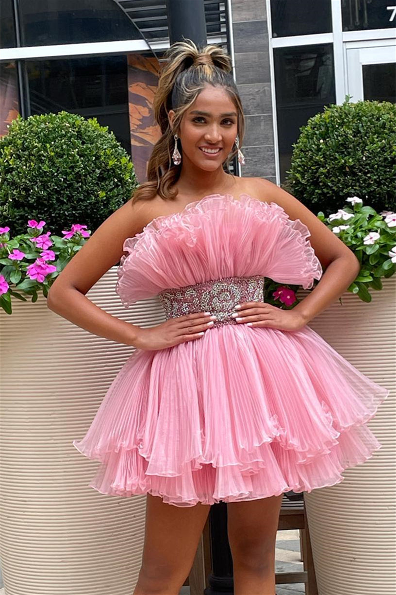 Pink Strapless Ruffed-Layers Homecoming Dress with Sash