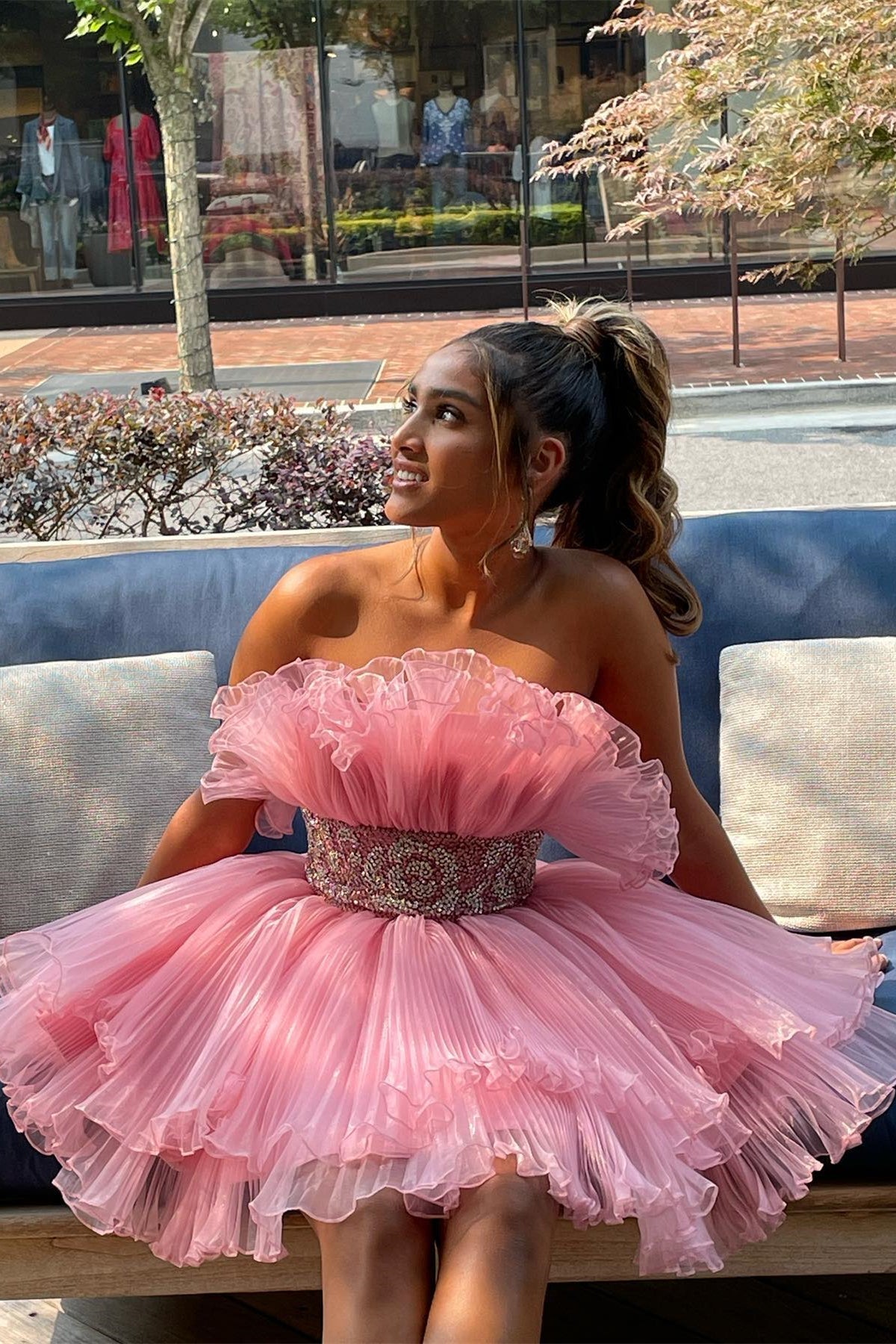 Pink Strapless Ruffed-Layers Homecoming Dress with Sash