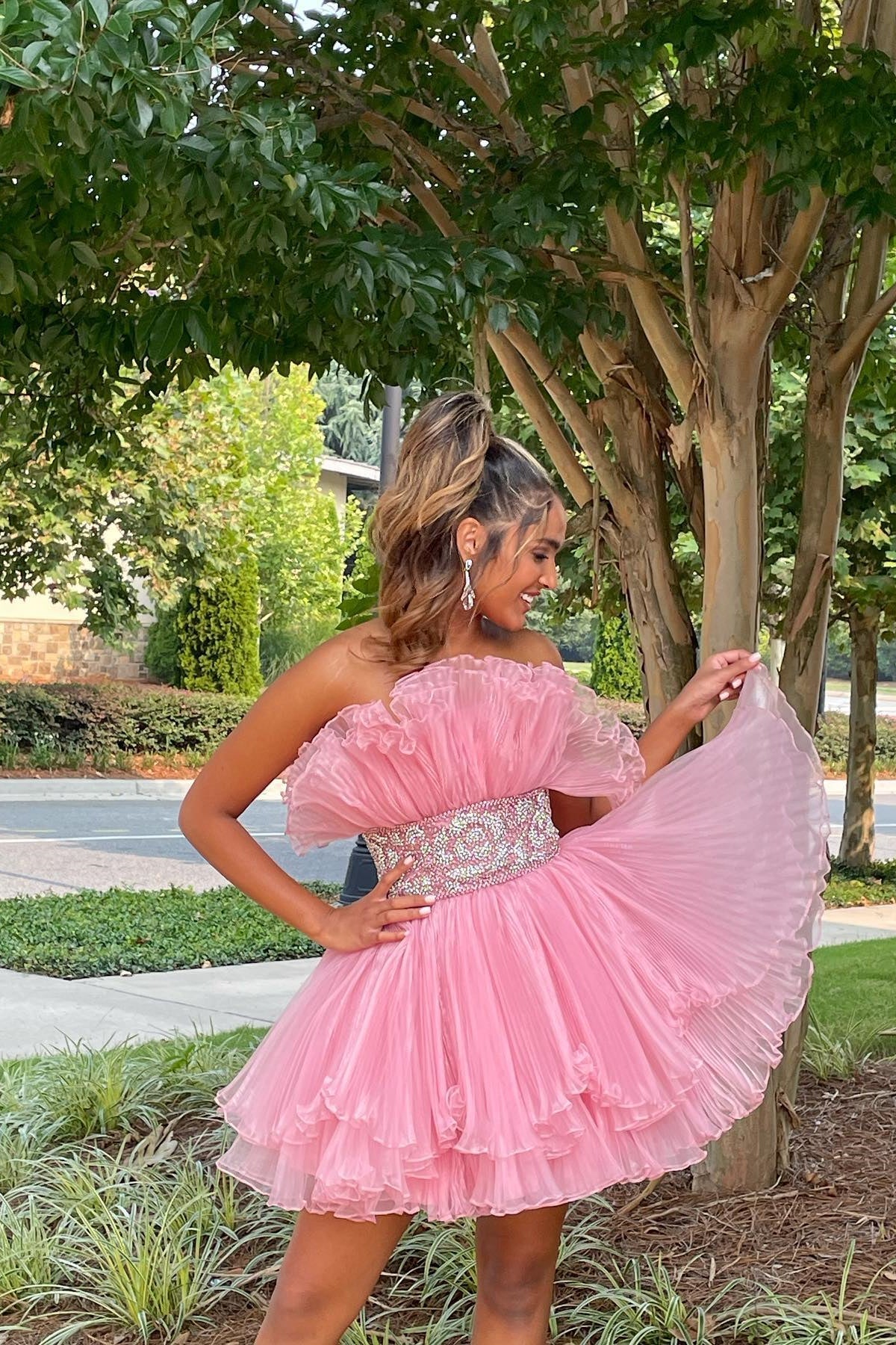 Pink Strapless Ruffed-Layers Homecoming Dress with Sash