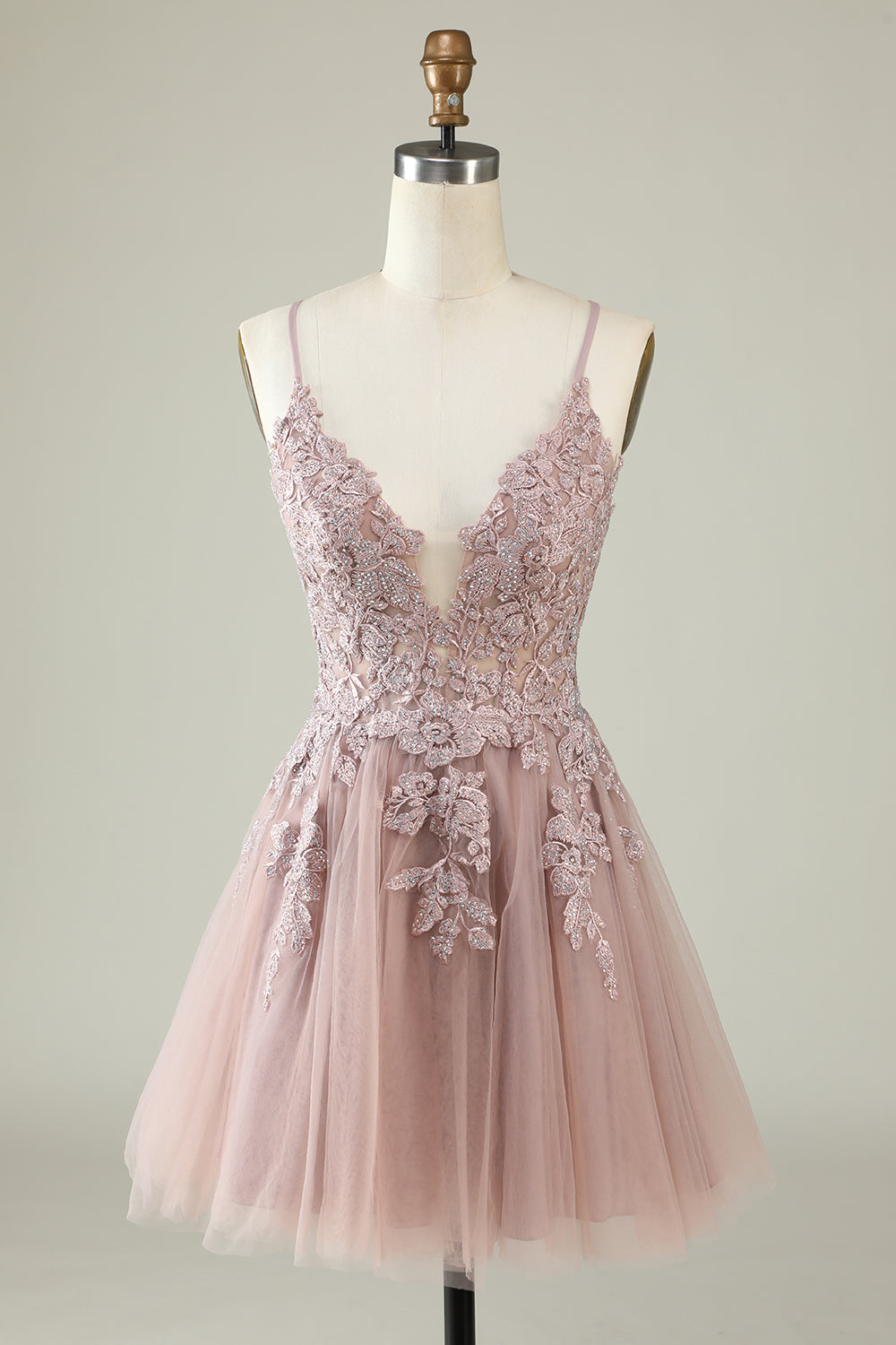 A Line Spaghetti Straps Blush Short Homecoming Dress with Criss Cross Back