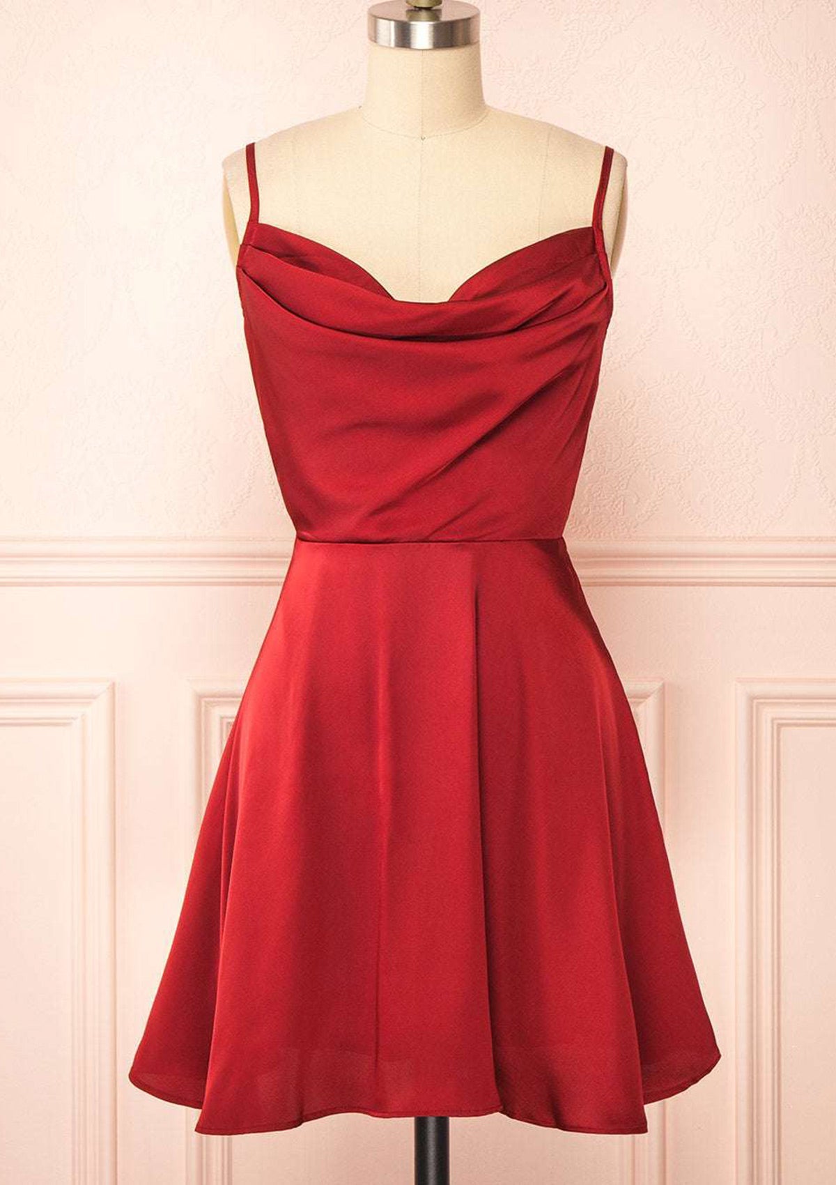 A-line Cowl Neck Sleeveless Short/Mini Charmeuse Red Homecoming Dress with Pleated