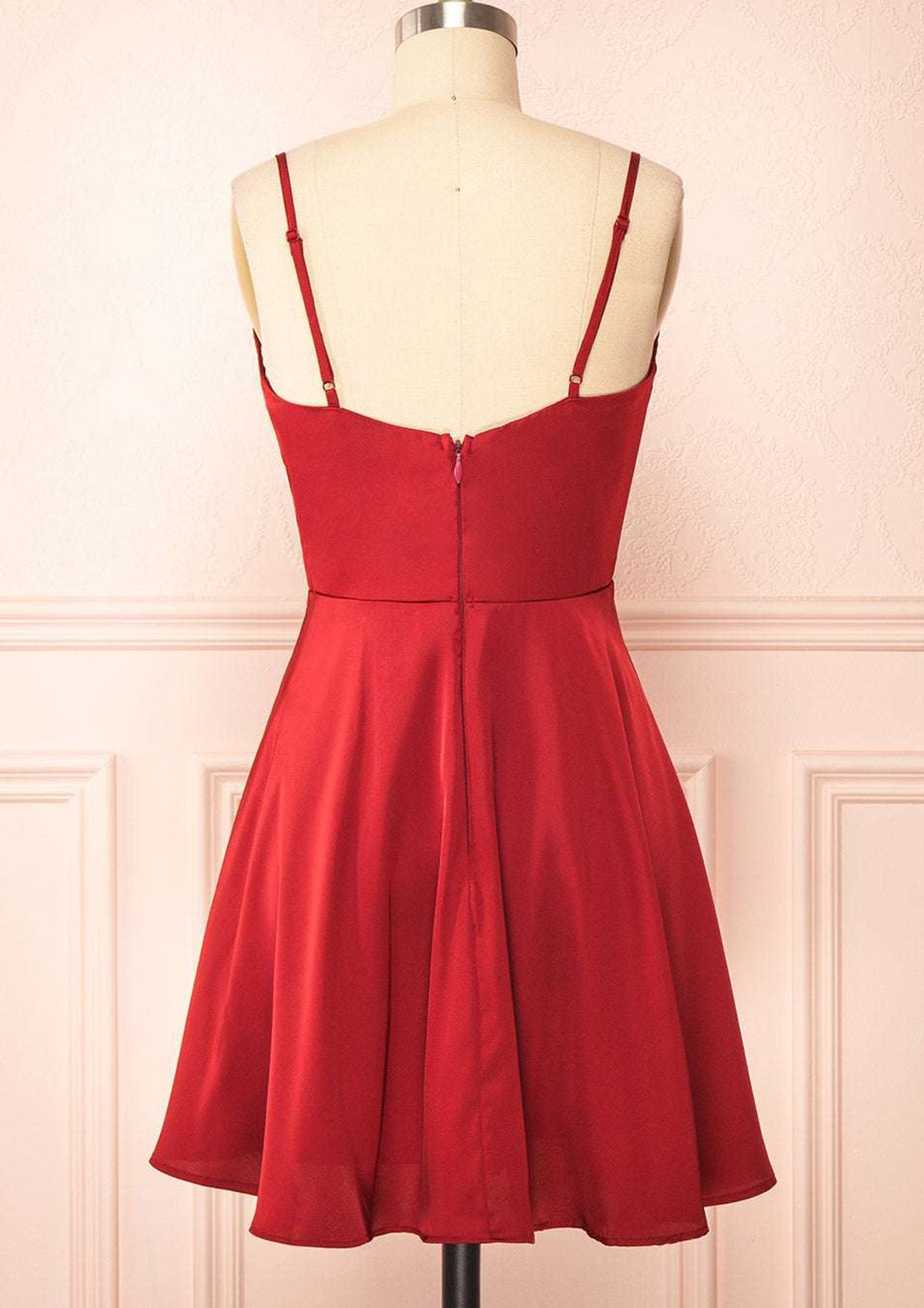 A-line Cowl Neck Sleeveless Short/Mini Charmeuse Red Homecoming Dress with Pleated