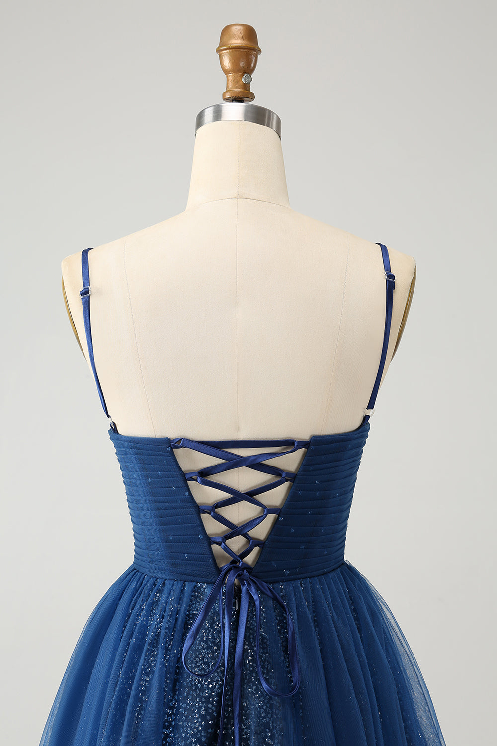 Navy A Line Spaghetti Straps Tulle Lace- Up Back Homecoming Dress