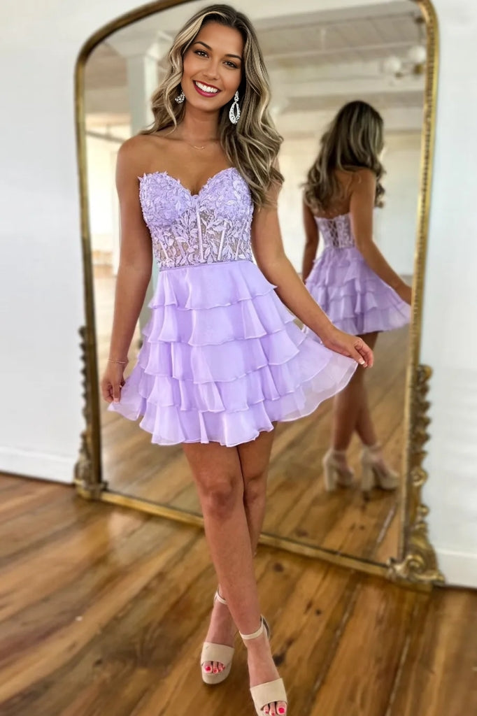 Diana | A-Line Strapless Tiered Corset Short Homecoming Dress with Appliques