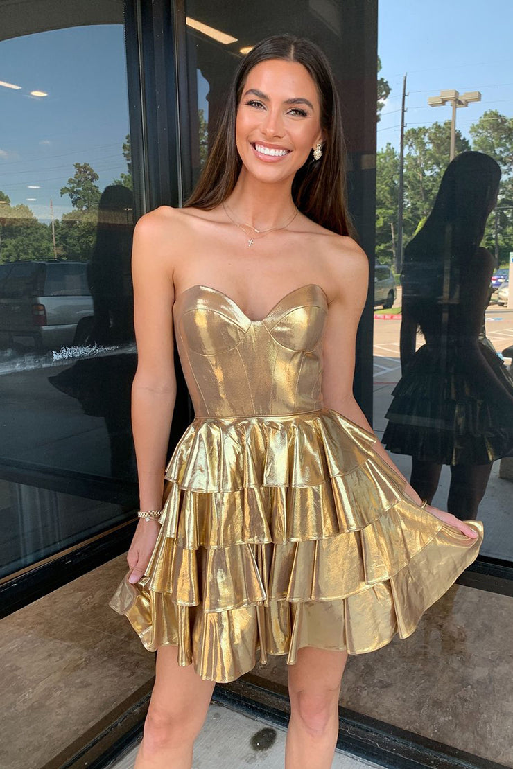 Bonny | Sweetheart Gold Metallic A-Line Ruffle Homecoming Dress