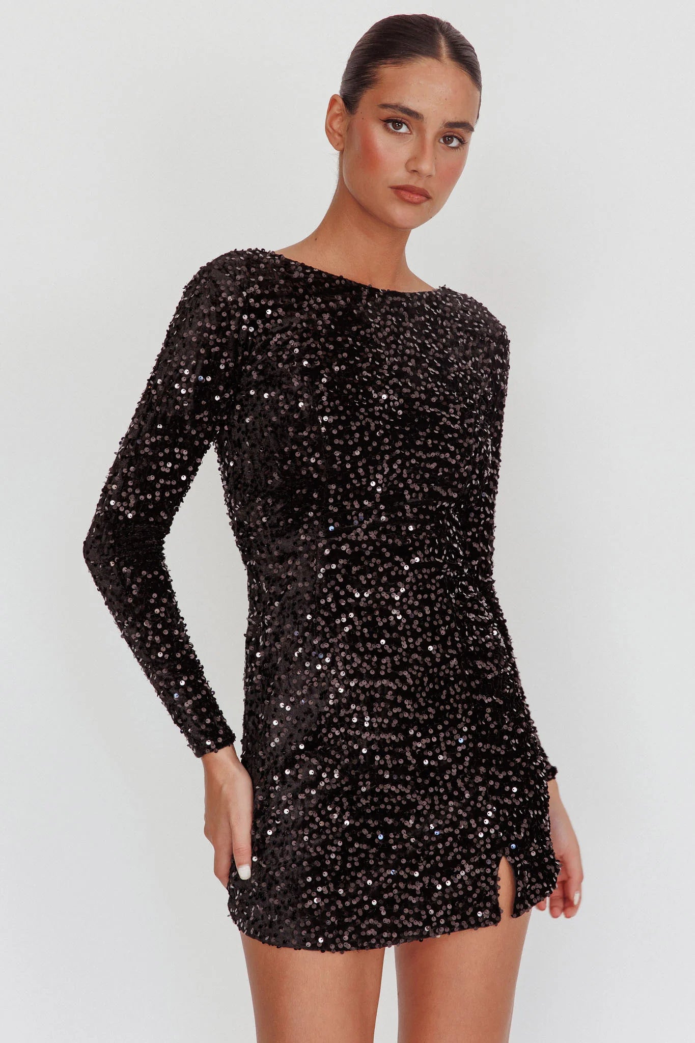 Demure Long Sleeve Open Back Homecoming Dress Sequin