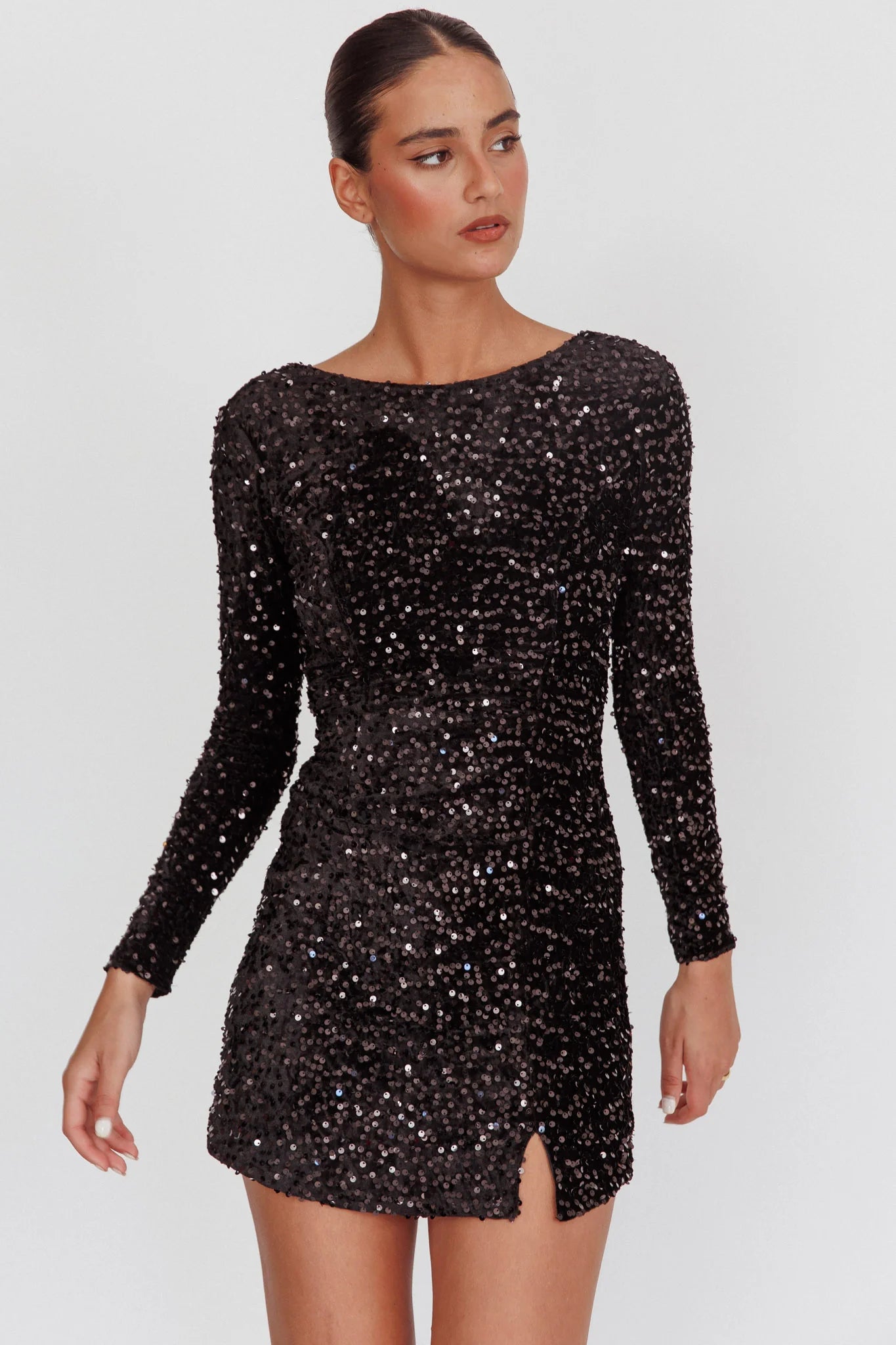 Demure Long Sleeve Open Back Homecoming Dress Sequin