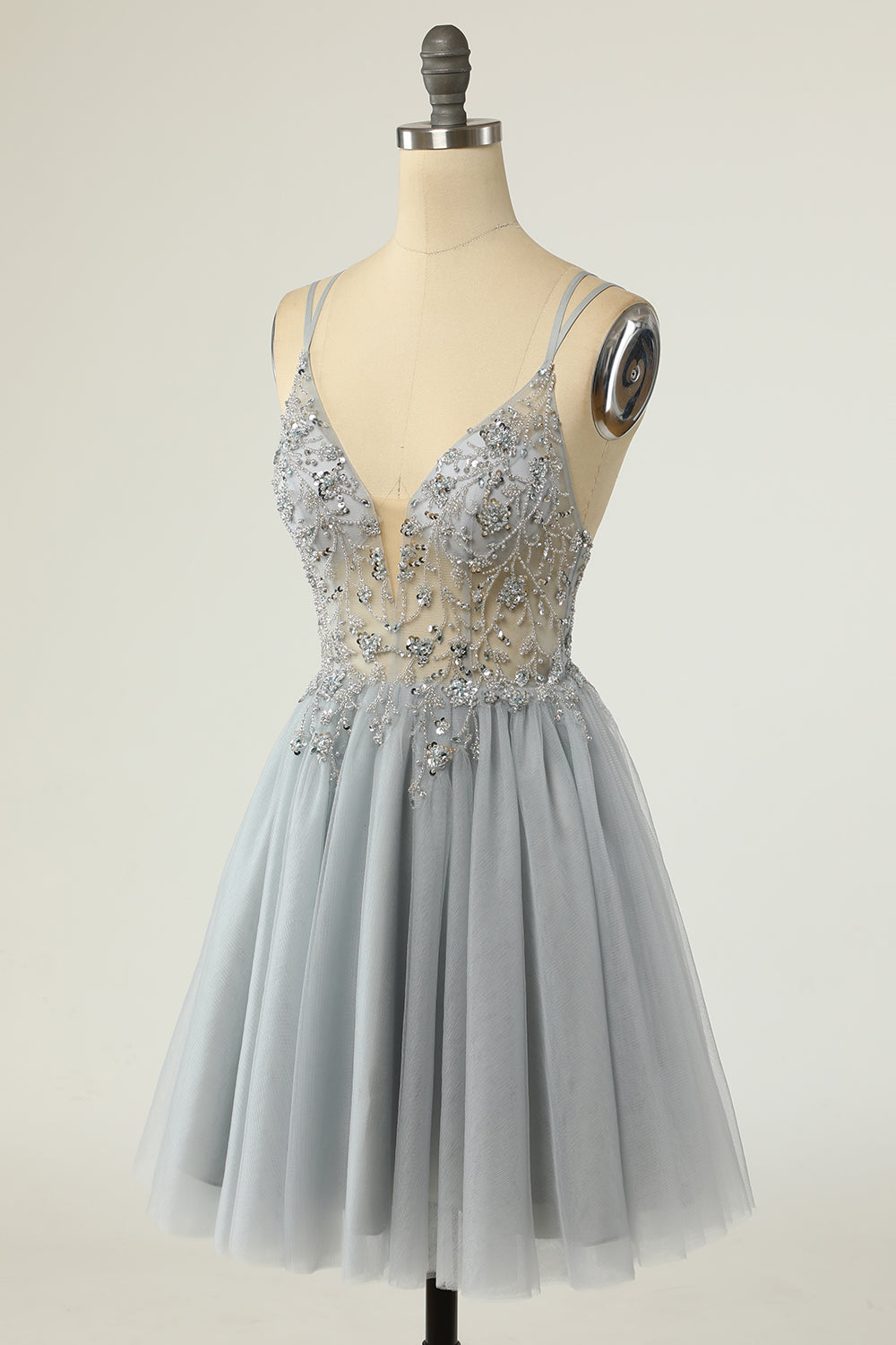 Gorgeous A Line Spaghetti Straps Grey Short Homecoming Dress with Beading