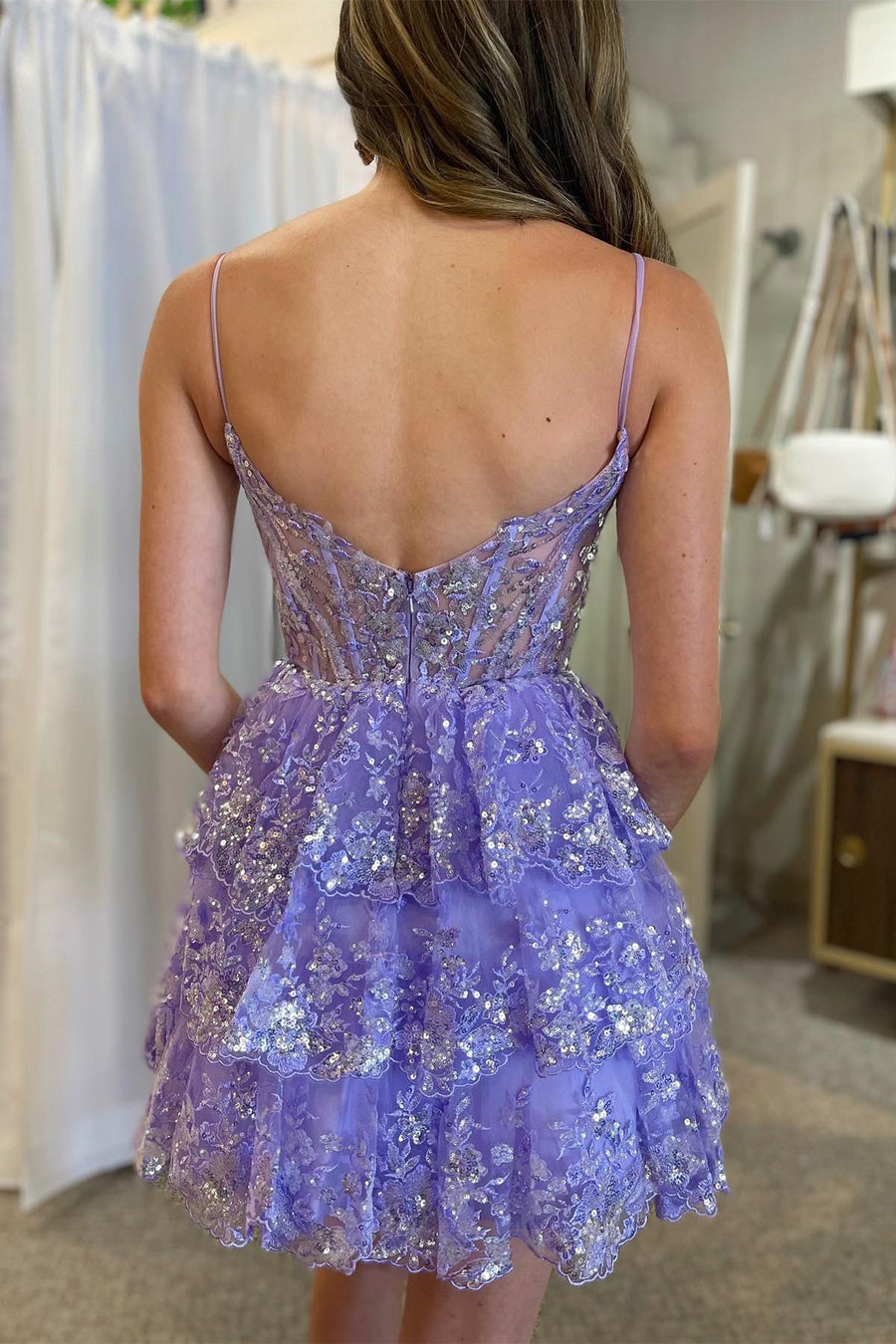 Reana | A- Line Sky Blue Sequins Multi-Layers Short Homecoming Dress