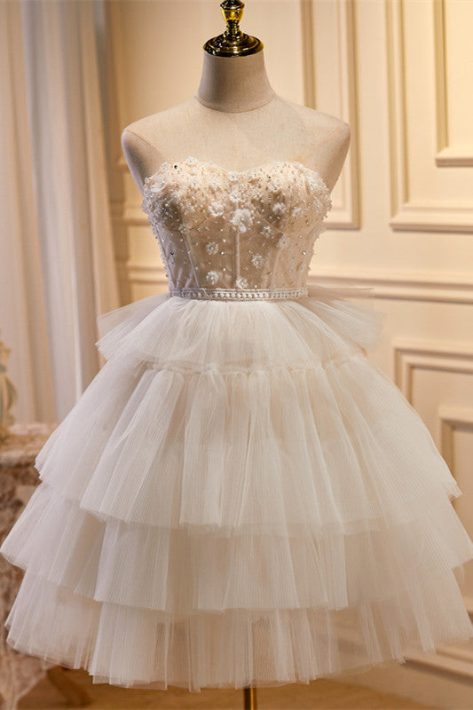 White Tulle 3D Floral Lace A-Line Tiered Homecoming Dress