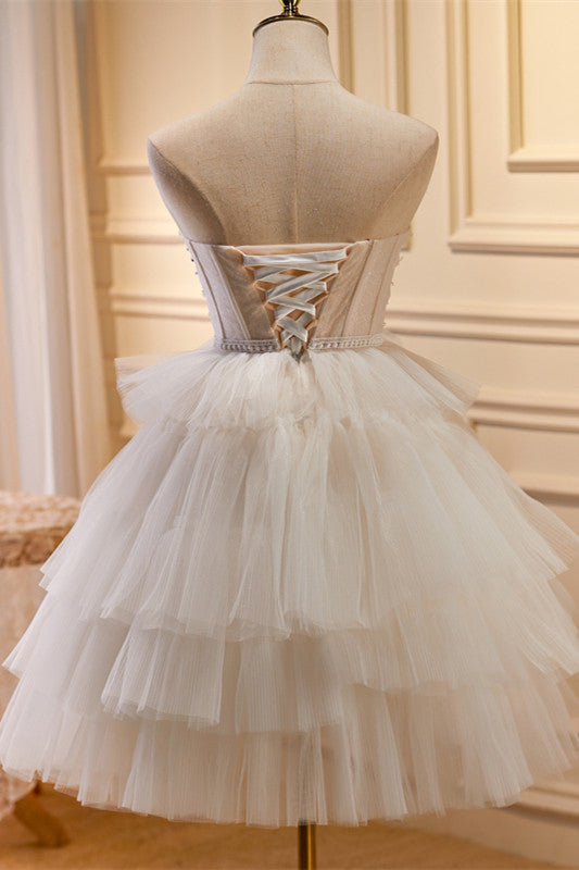 White Tulle 3D Floral Lace A-Line Tiered Homecoming Dress