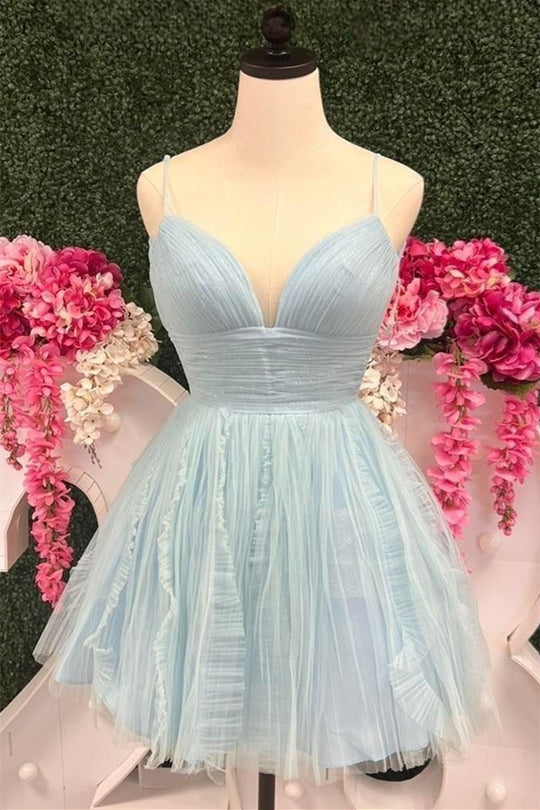 Celeste |  Sky Blue Straps A-line Short Tulle Ruched Homecoming Dress