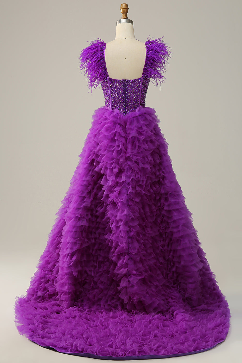 A Line Sweetheart Purple Long Prom Dress with Beading Feathers