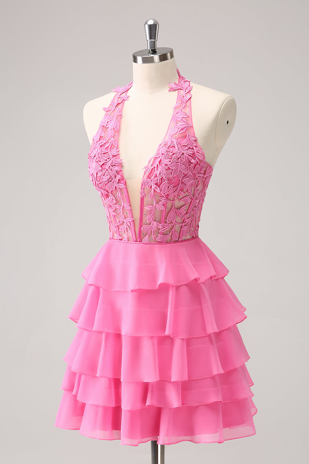 Hot Pink A Line Halter Tiered Corset Short Homecoming Dress with Ruffles