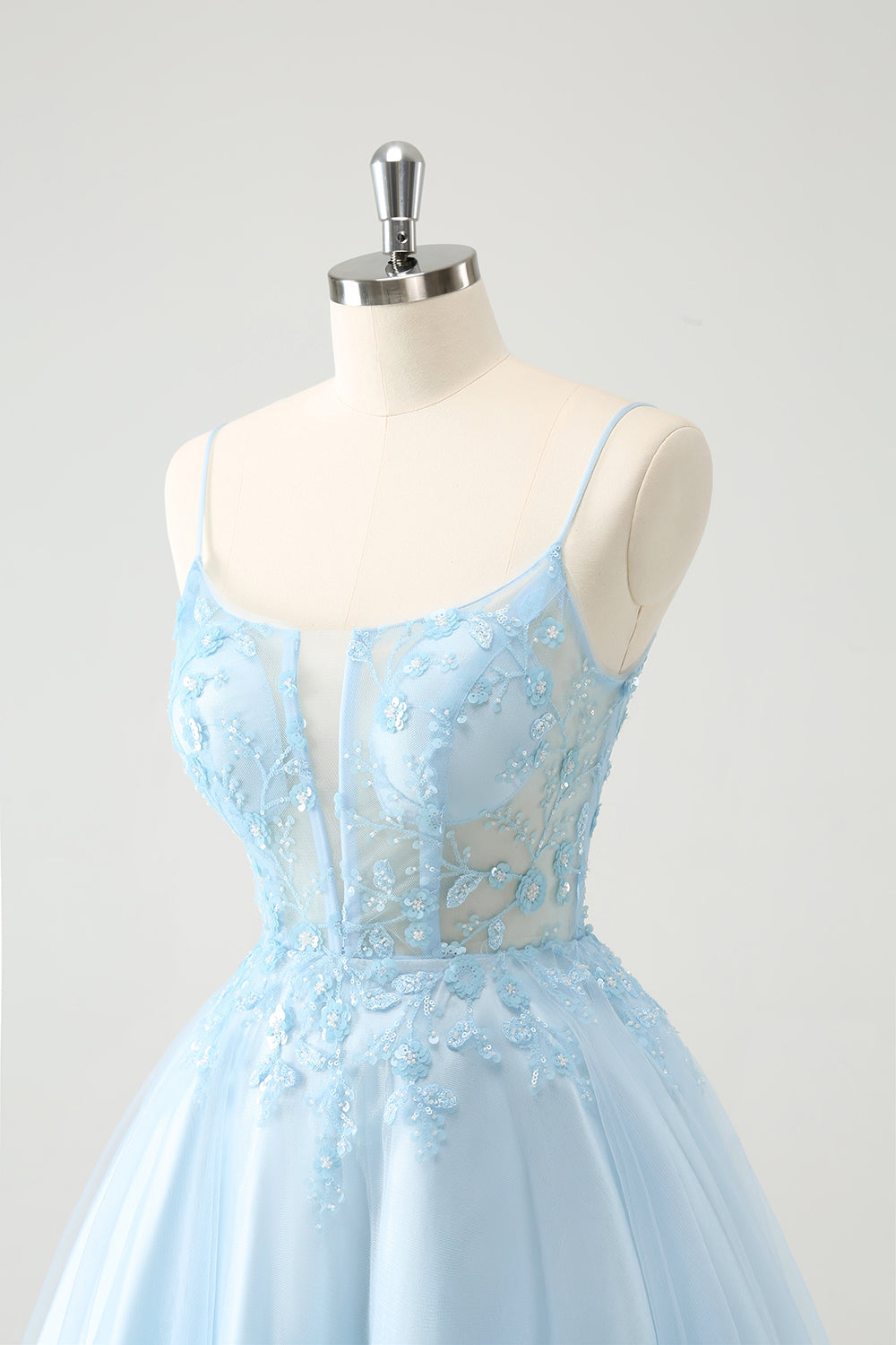 Cute Glitter Blue A Line Beaded Corset Tulle Homecoming Dress with Appliques