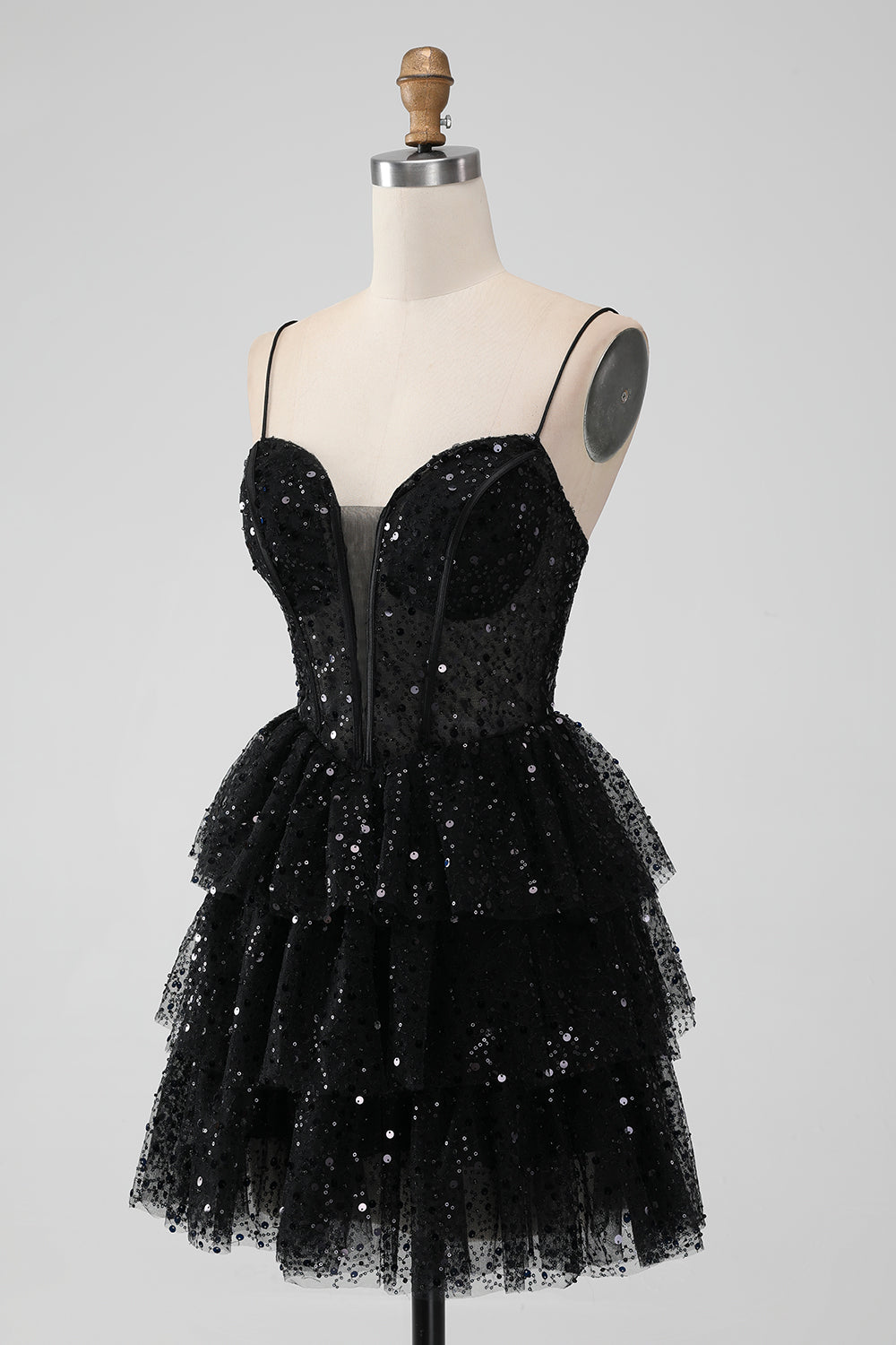 Sparkly Black Spaghetti Straps Tiered Homecoming Dress with Sequins