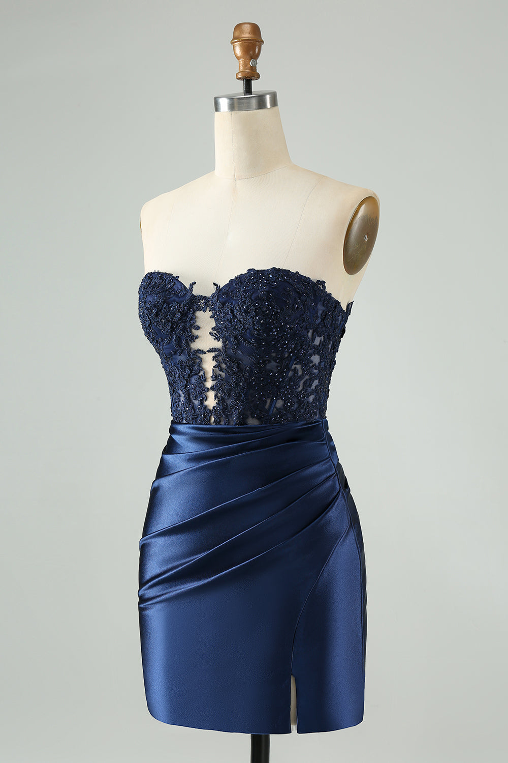 Unique Sparkly Navy Bodycon Strapless Hollow Out Homecoming Dress with Lace