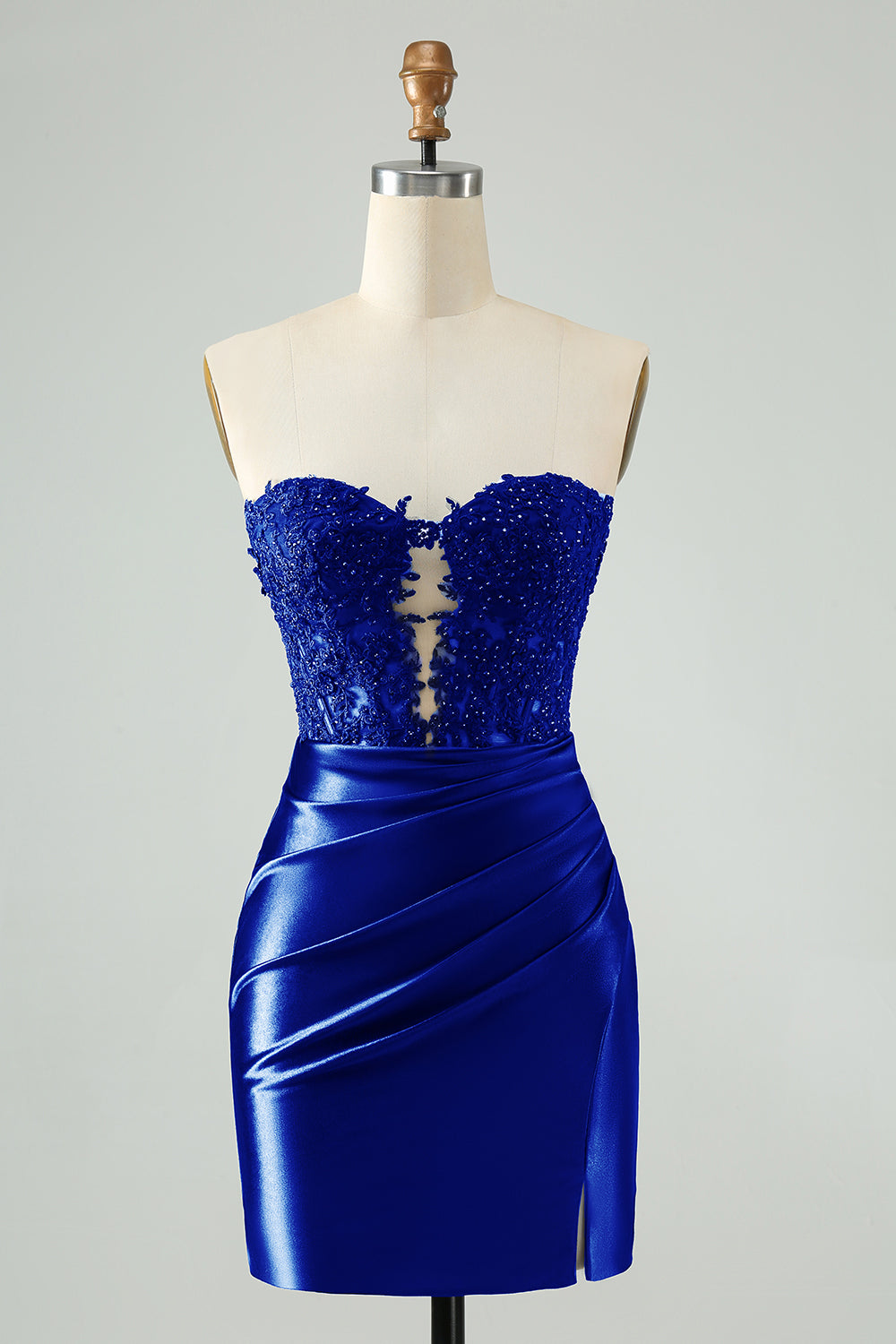 Unique Sparkly Navy Bodycon Strapless Hollow Out Homecoming Dress with Lace