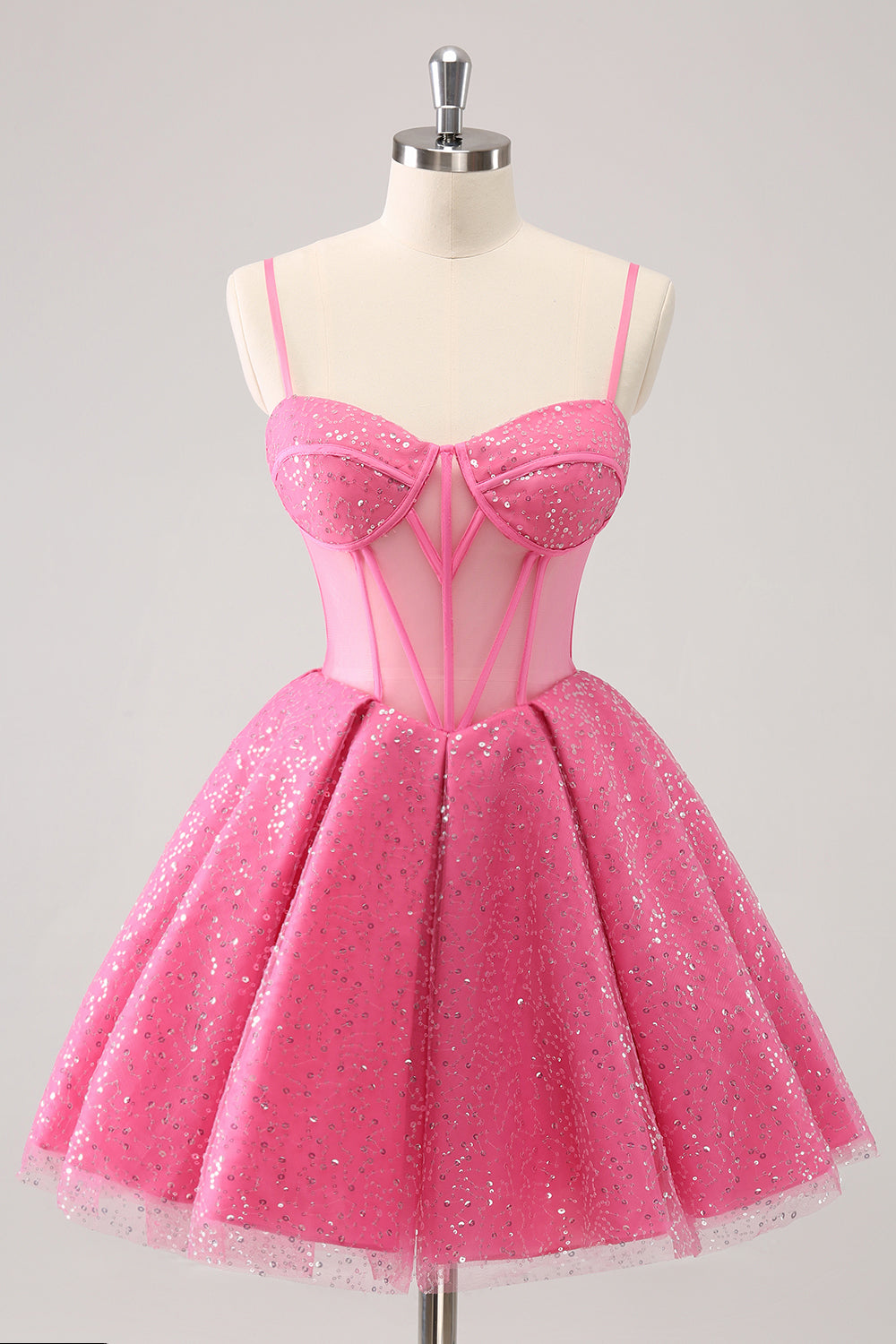 Pink A-Line Spaghetti Straps Corset Cocktail Dress with Sequins