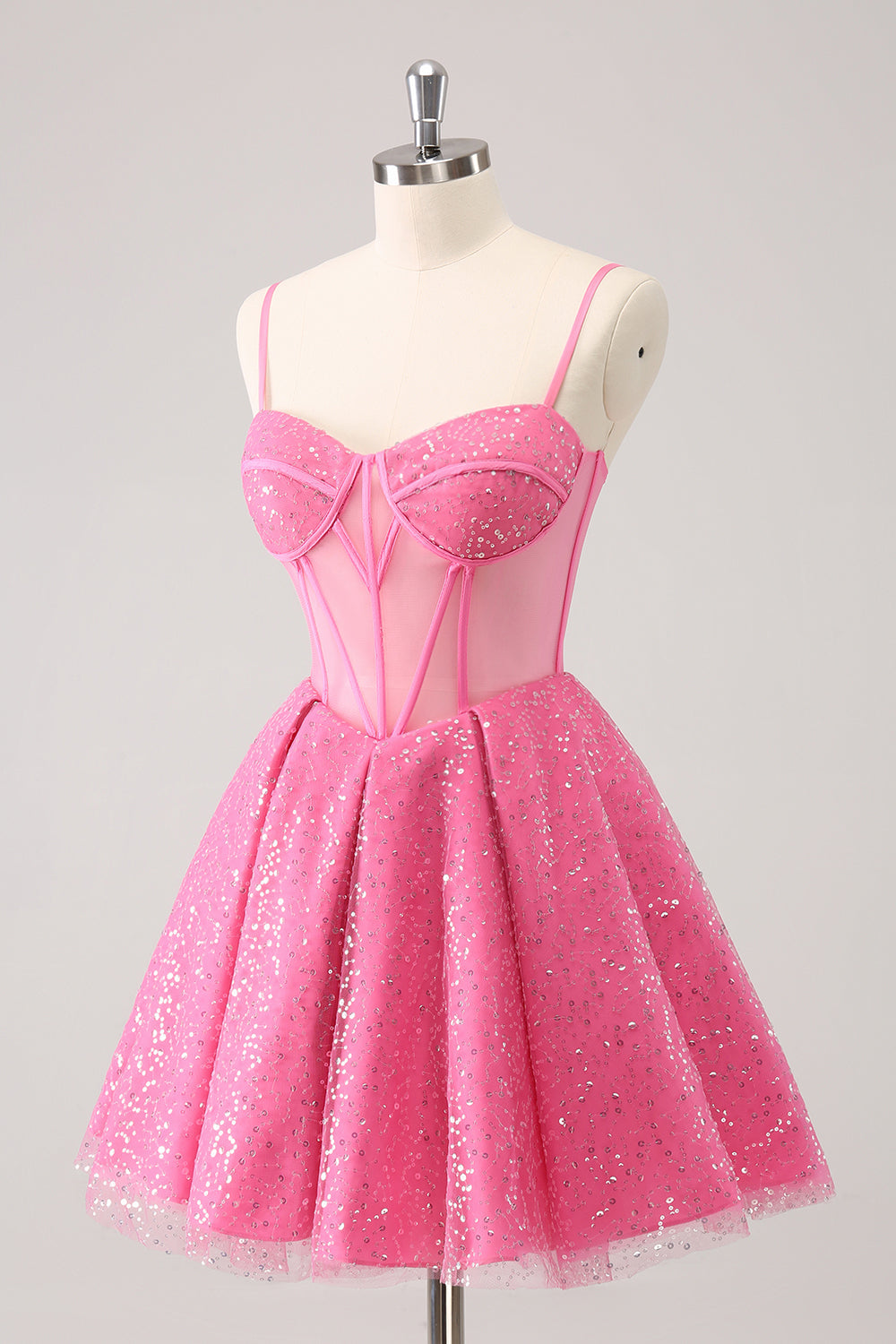 Pink A-Line Spaghetti Straps Corset Cocktail Dress with Sequins