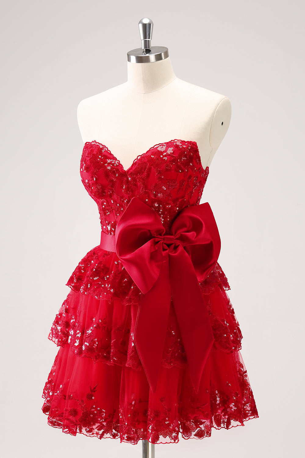 Sparkly Red A-Line Strapless Tiered Sequins Homecoming Dress with Bow