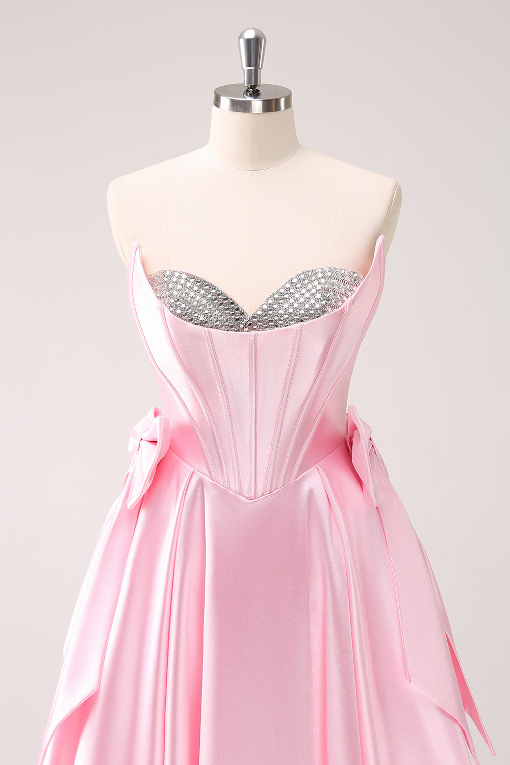 Pink A Line Strapless Corset Beaded Homecoming Dress with Bows