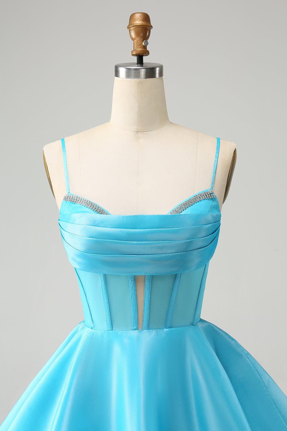 Cute Glitter Blue A Line Spaghetti Straps Corset Homecoming Dress with Beading