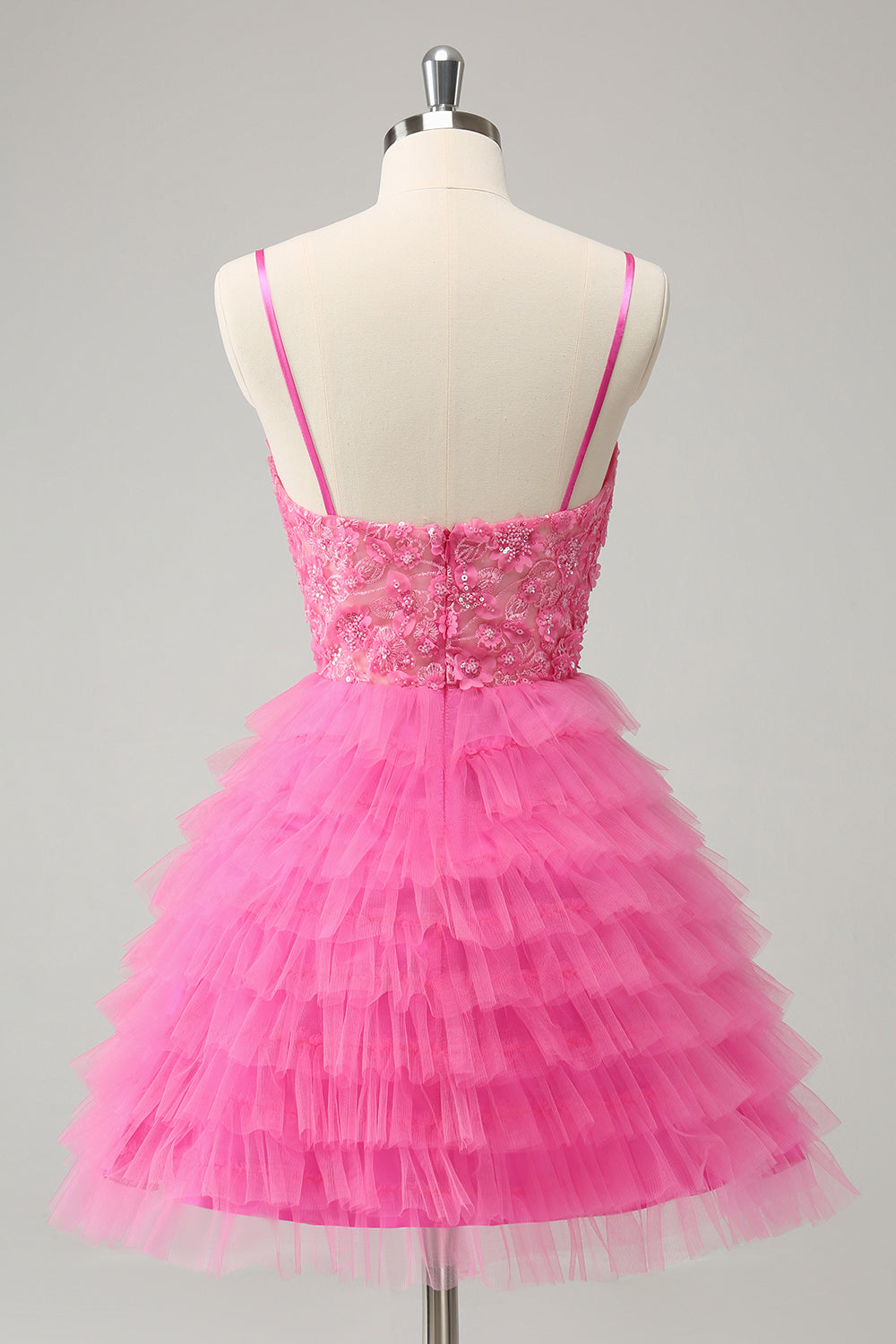 Glitter Pink A Line Spaghetti Straps Tiered Flowers Tulle Cute Homecoming Dress