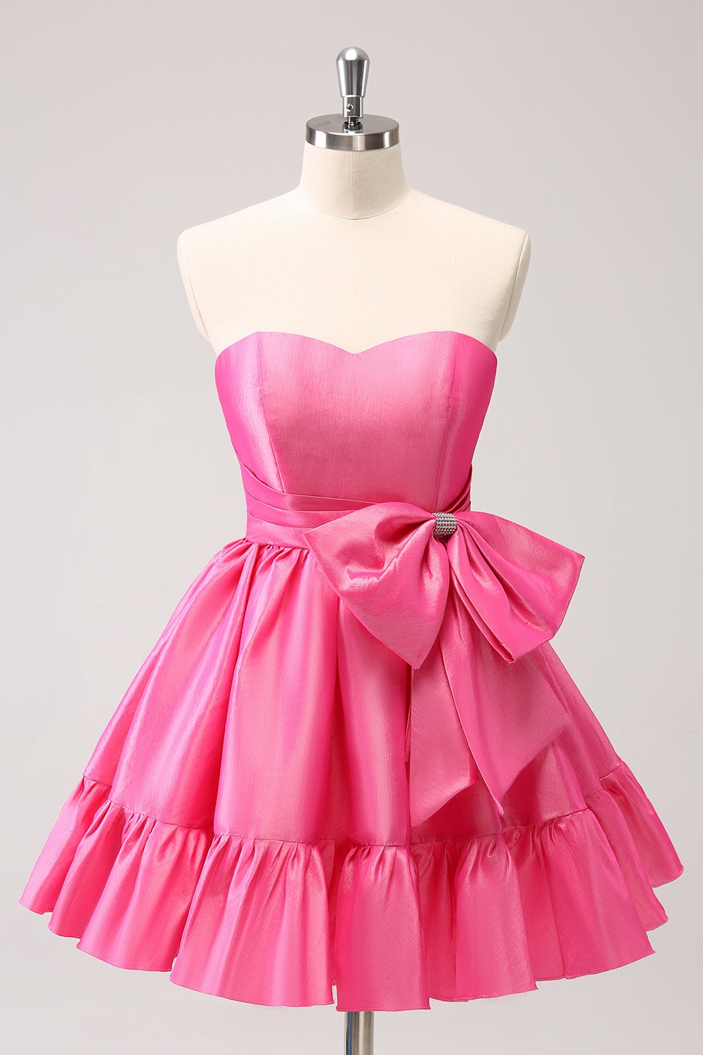 Fuchsia A-Line Strapless Ruffle Short Homecoming Dress with Bow