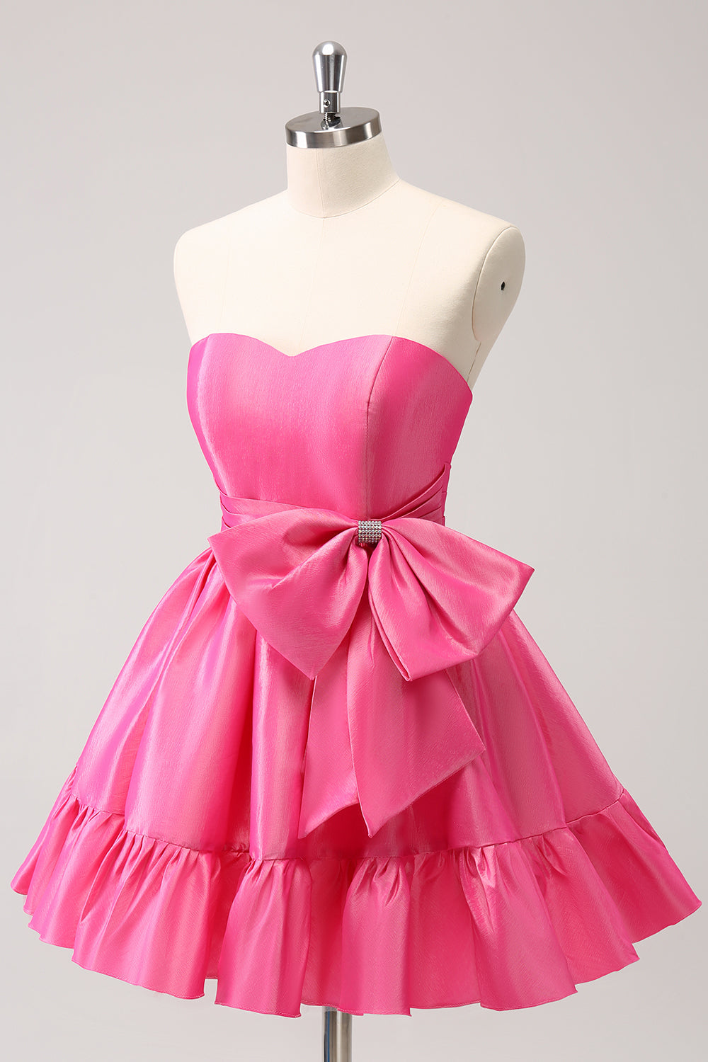 Fuchsia A-Line Strapless Ruffle Short Homecoming Dress with Bow