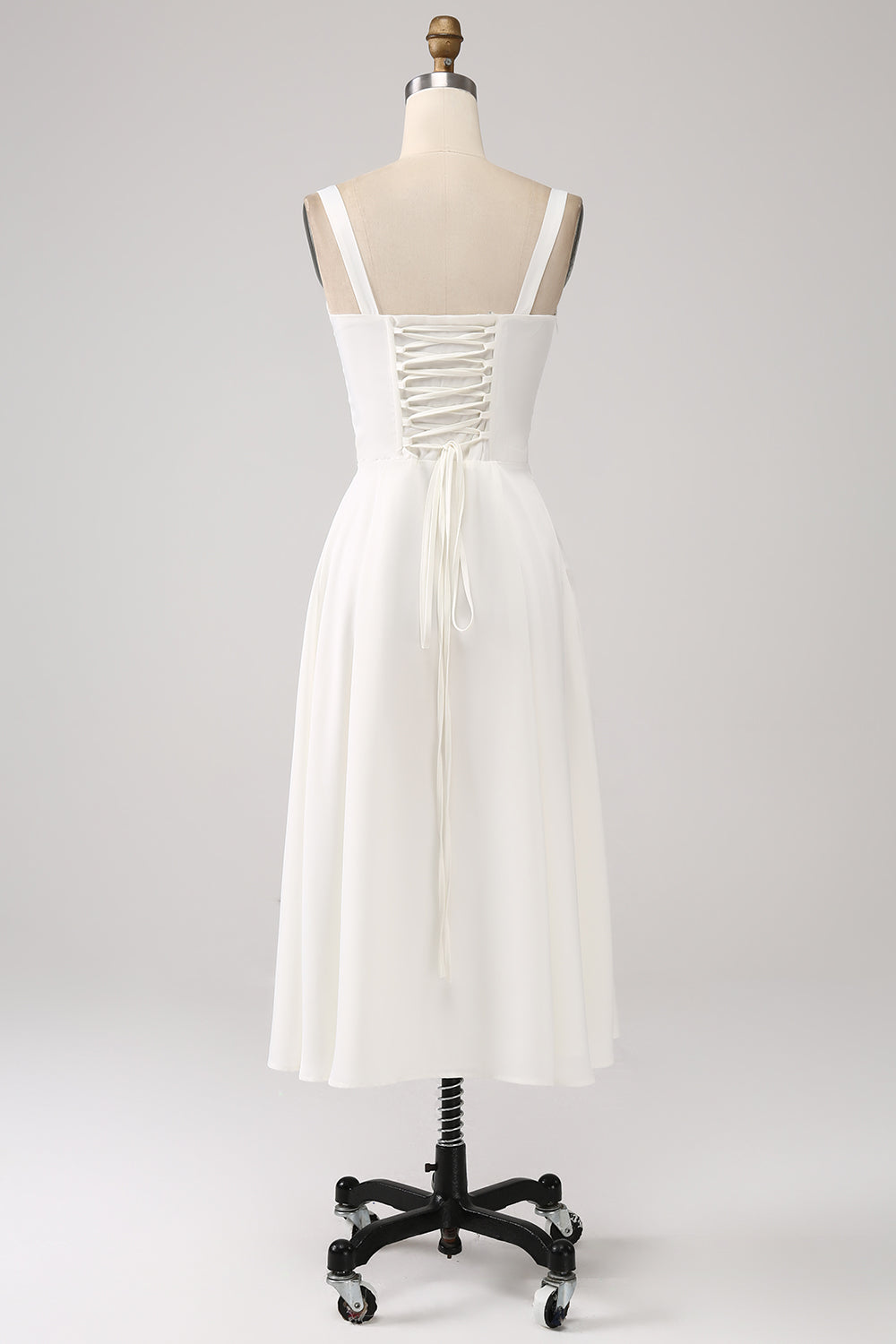 White Midi Graduation Dress with Lace-up Back