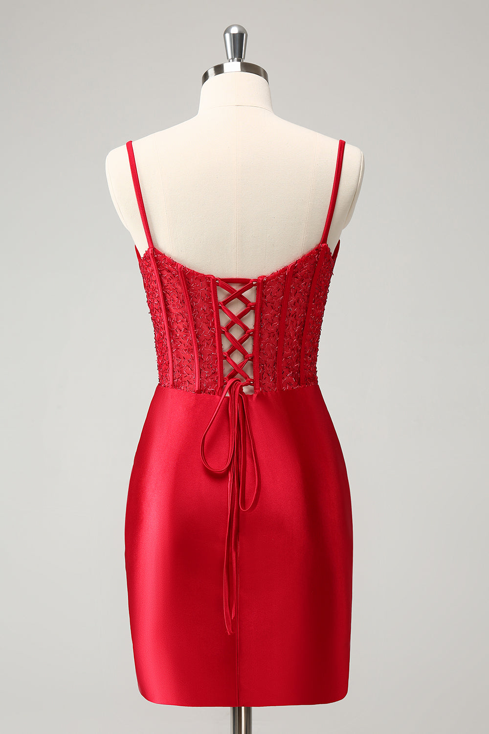 Stylish Bodycon Spaghetti Straps Corset Satin Red Homecoming Dress with Slit