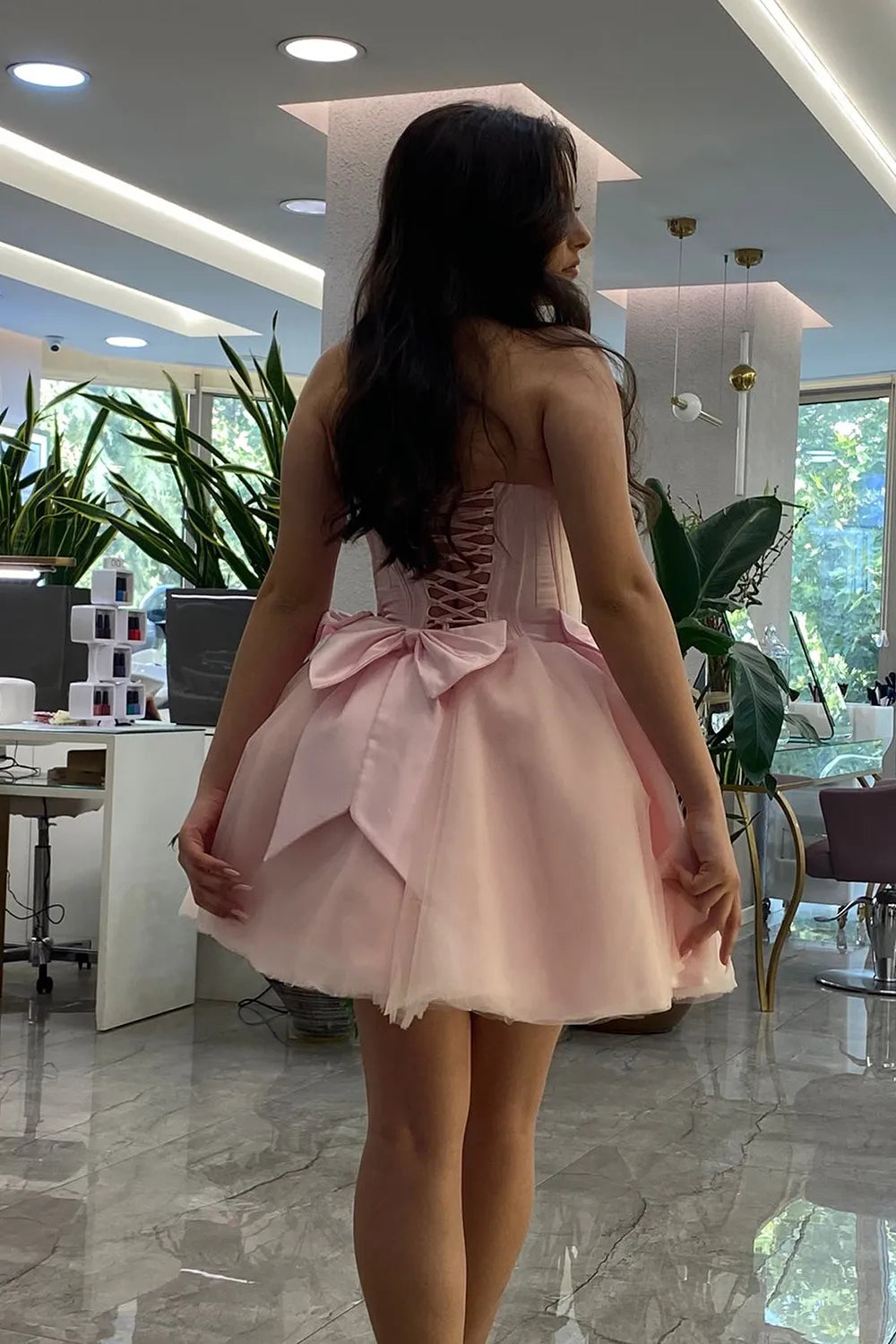 Pink Strapless Tulle A-Line Short Corset Homecoming Dress with Bow