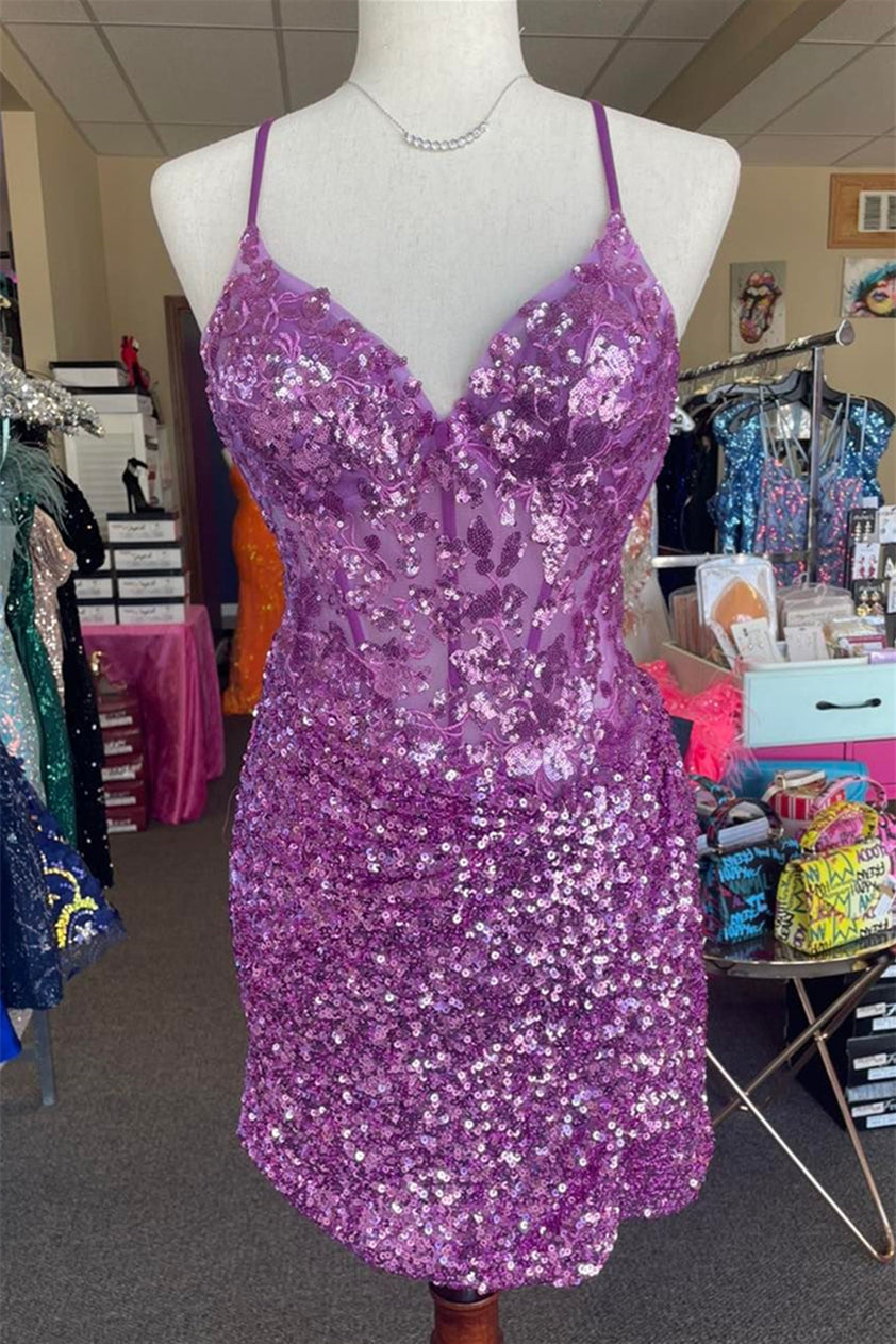 Othello | Sparkle Appliques Sequin Bodycon Lilac Homecoming Dress