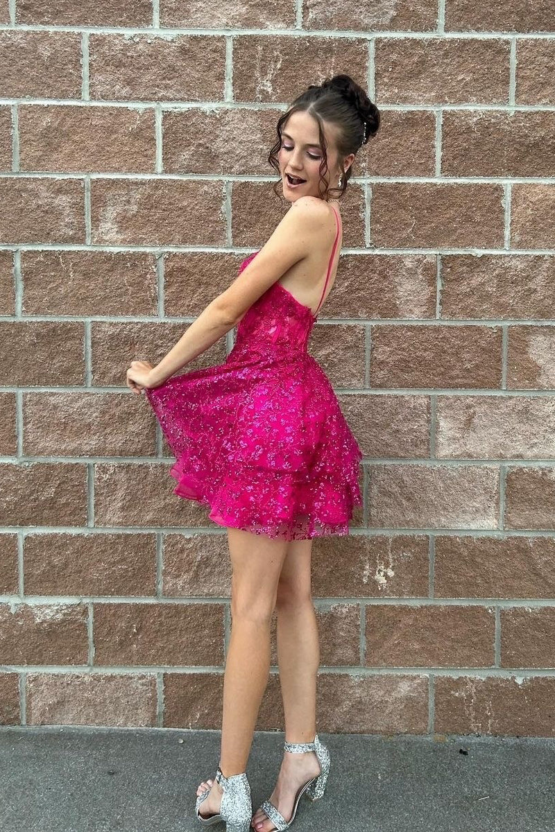 Hot Pink A-Line Sequin Lace Short Homecoming Dresses