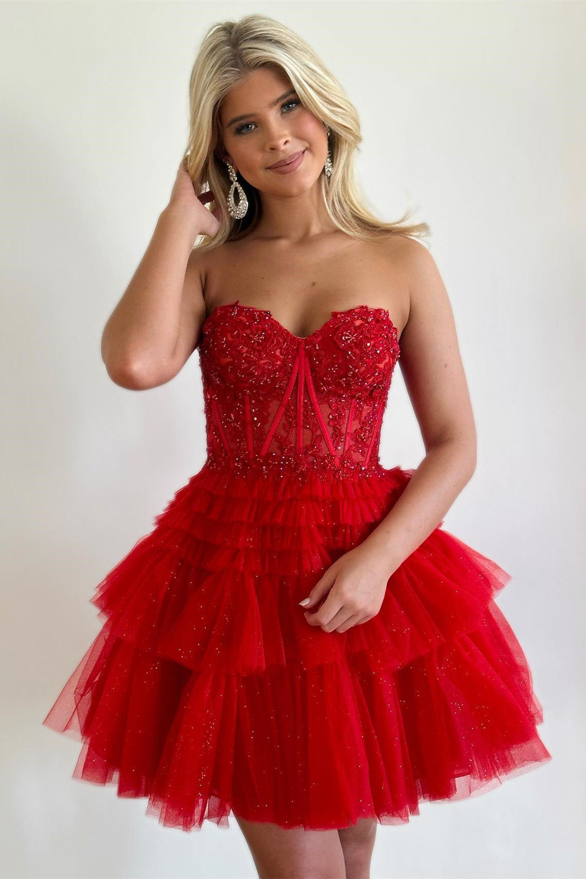 Red Strapless Appliques Tulle Multi-Layers Homecoming Dress