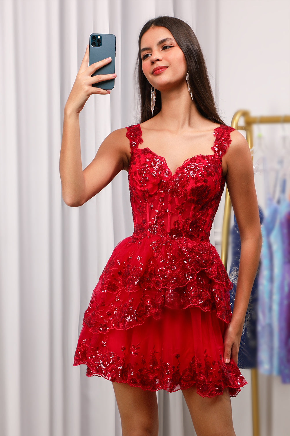 Sparkly Red Corset Tiered Lace A-Line Short Homecoming Dress