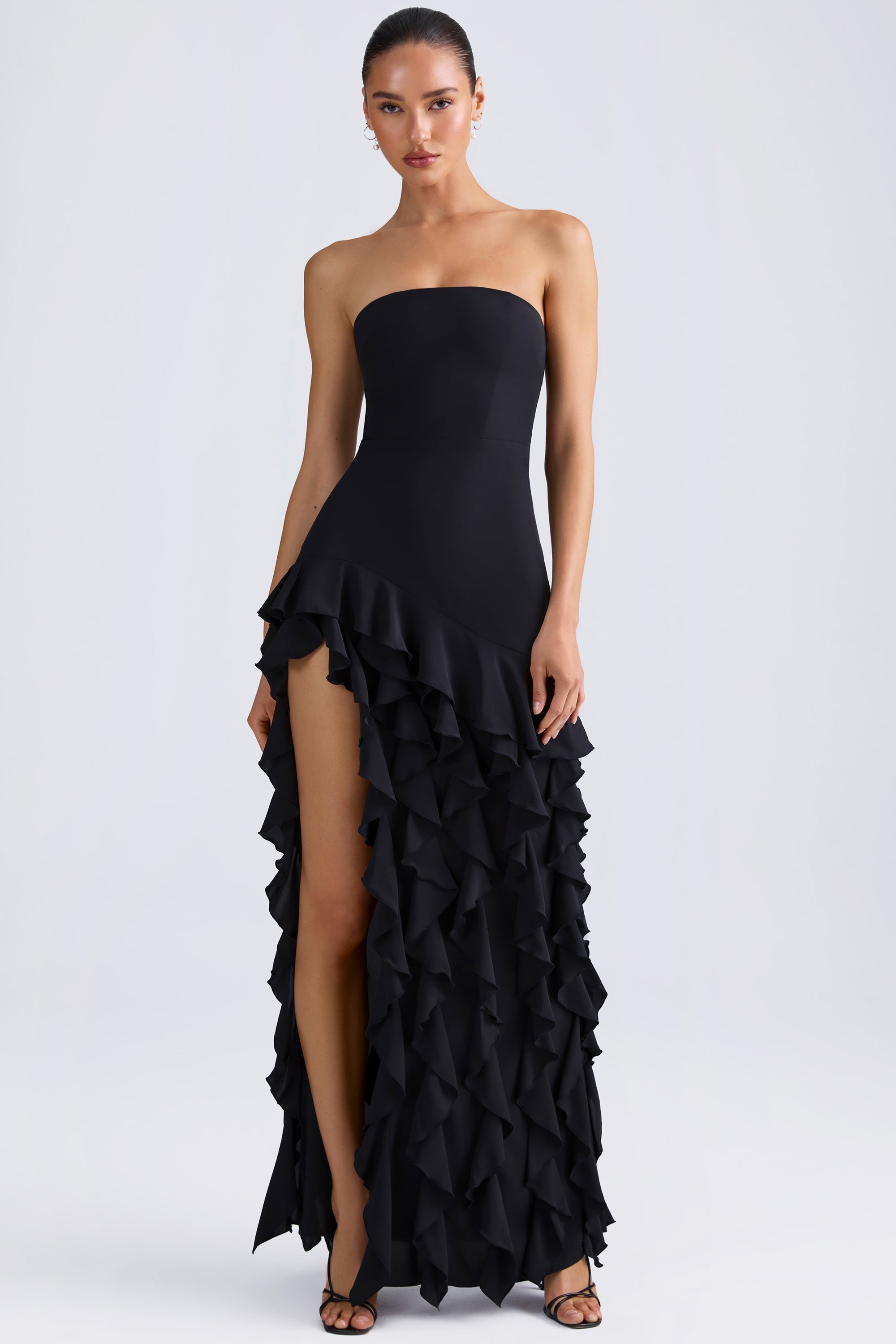 Ruffle-Trim Strapless Prom Dress in Black