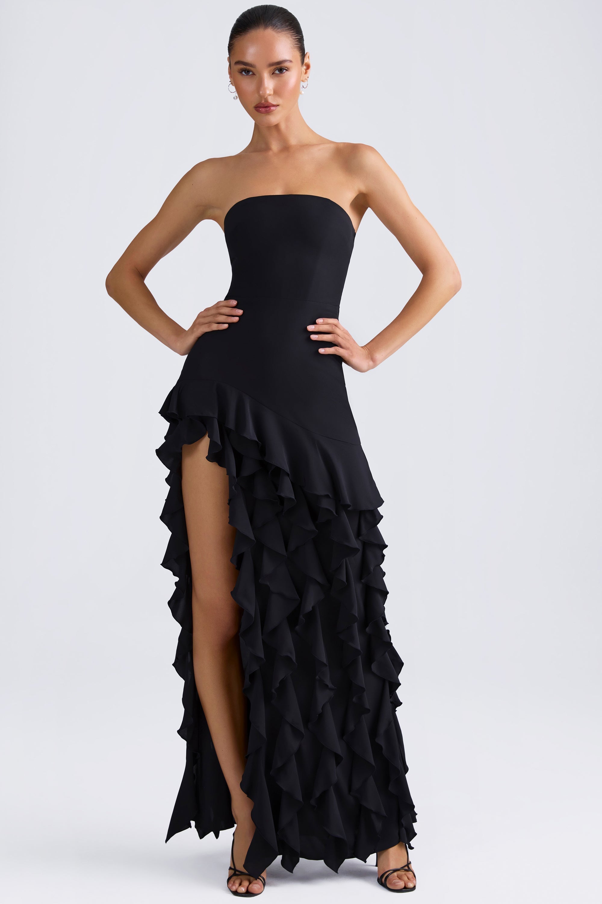 Ruffle-Trim Strapless Prom Dress in Black