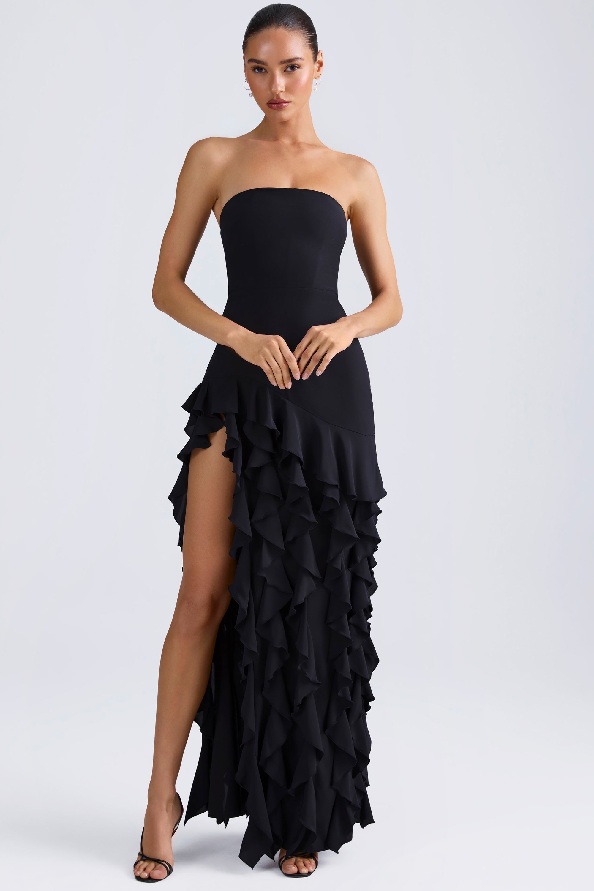 Ruffle-Trim Strapless Prom Dress in Black