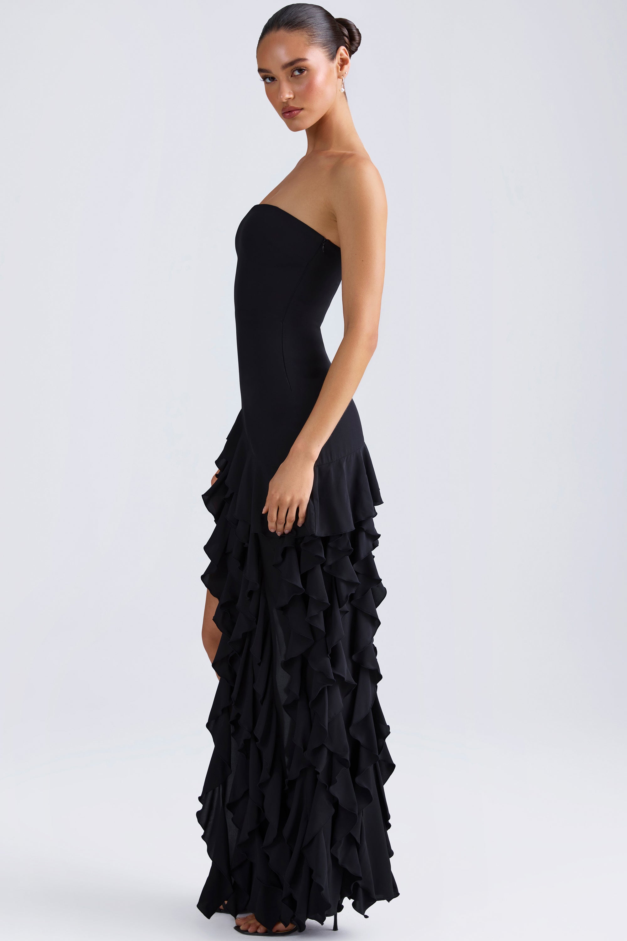 Ruffle-Trim Strapless Prom Dress in Black