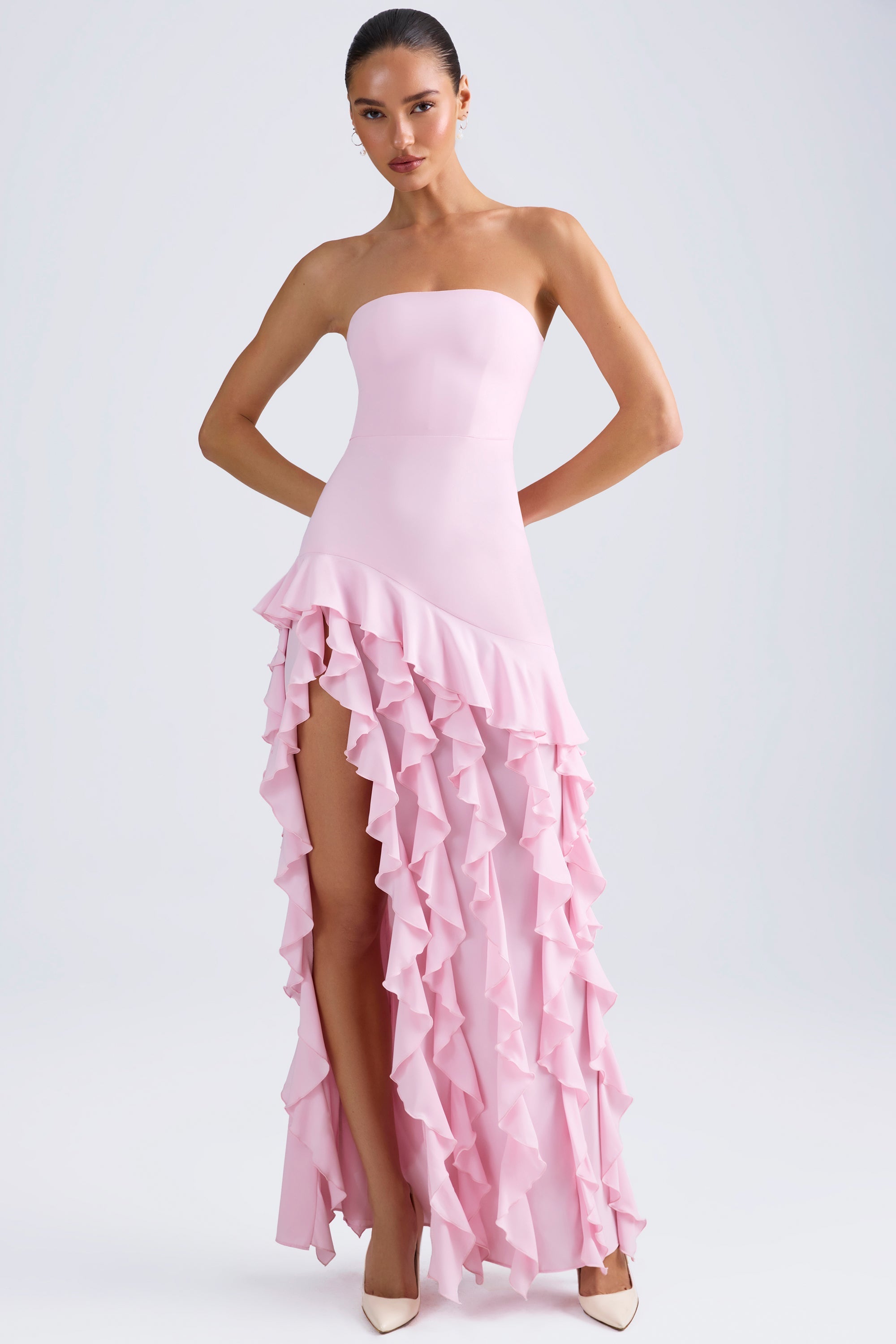 Ruffle-Trim Strapless Prom Dress in Light Pink