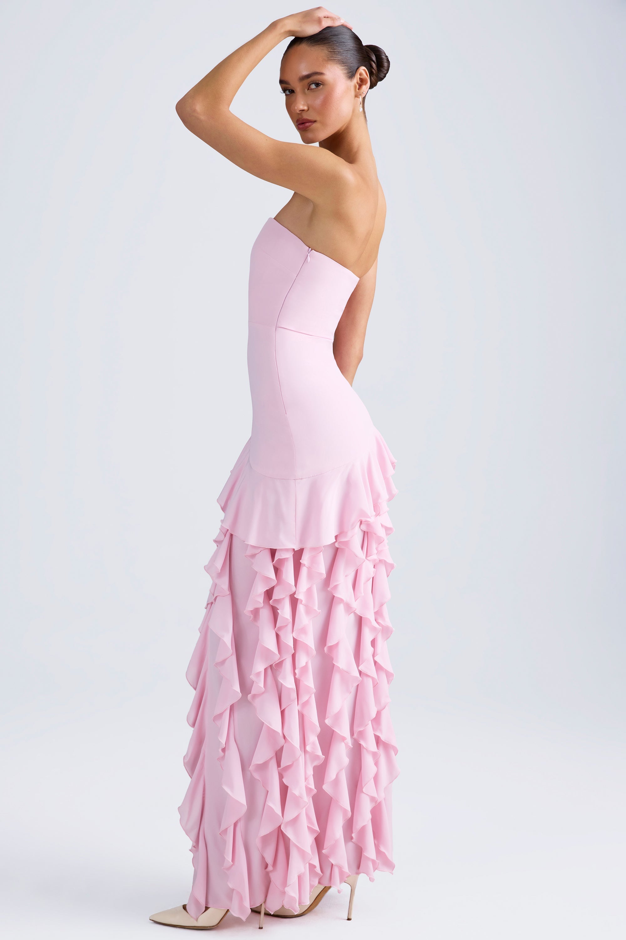 Ruffle-Trim Strapless Prom Dress in Light Pink