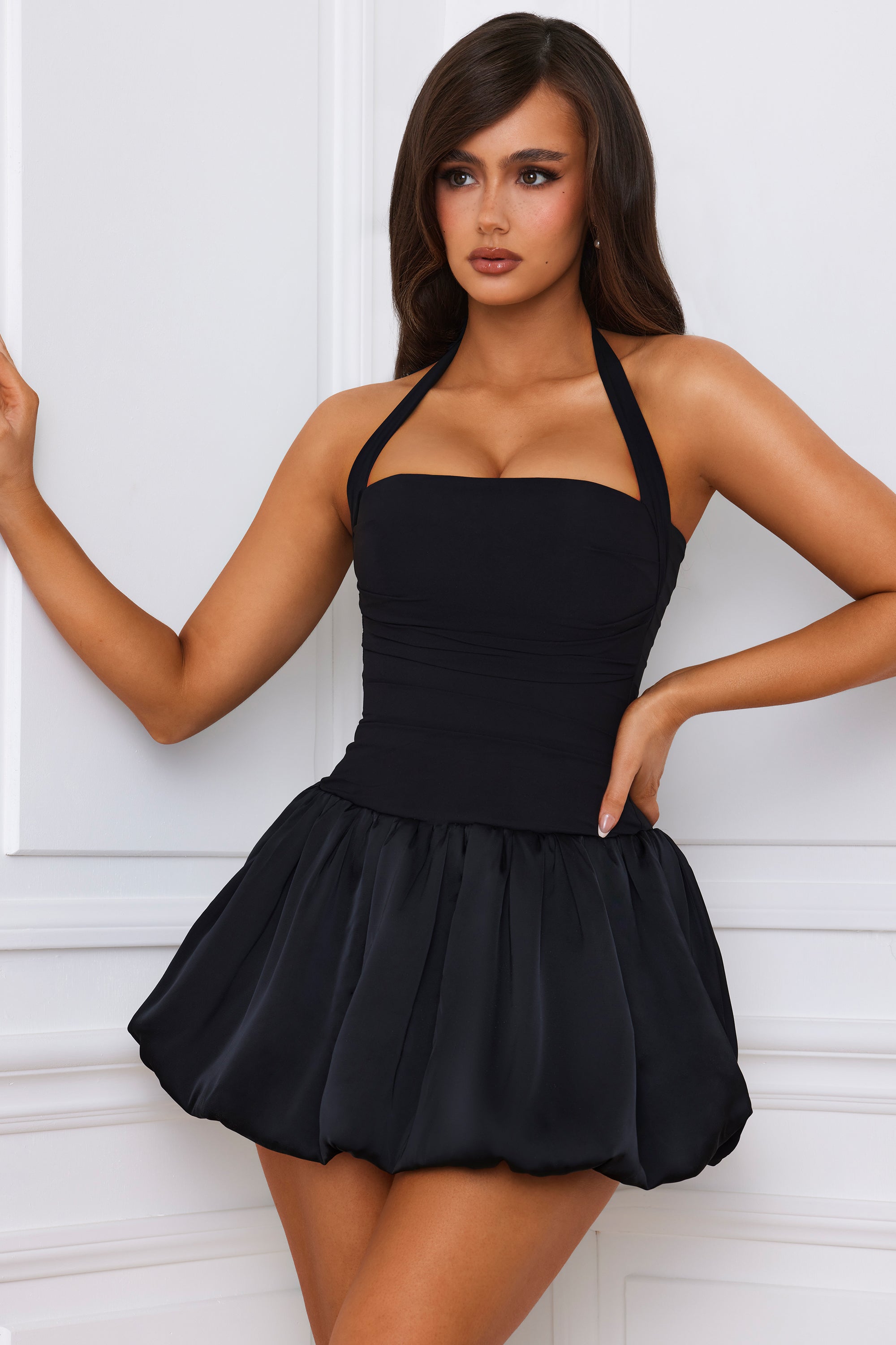 Halter Neck Lace-Up Bubble Hem Corset Micro Mini Homecoming Dress in Black