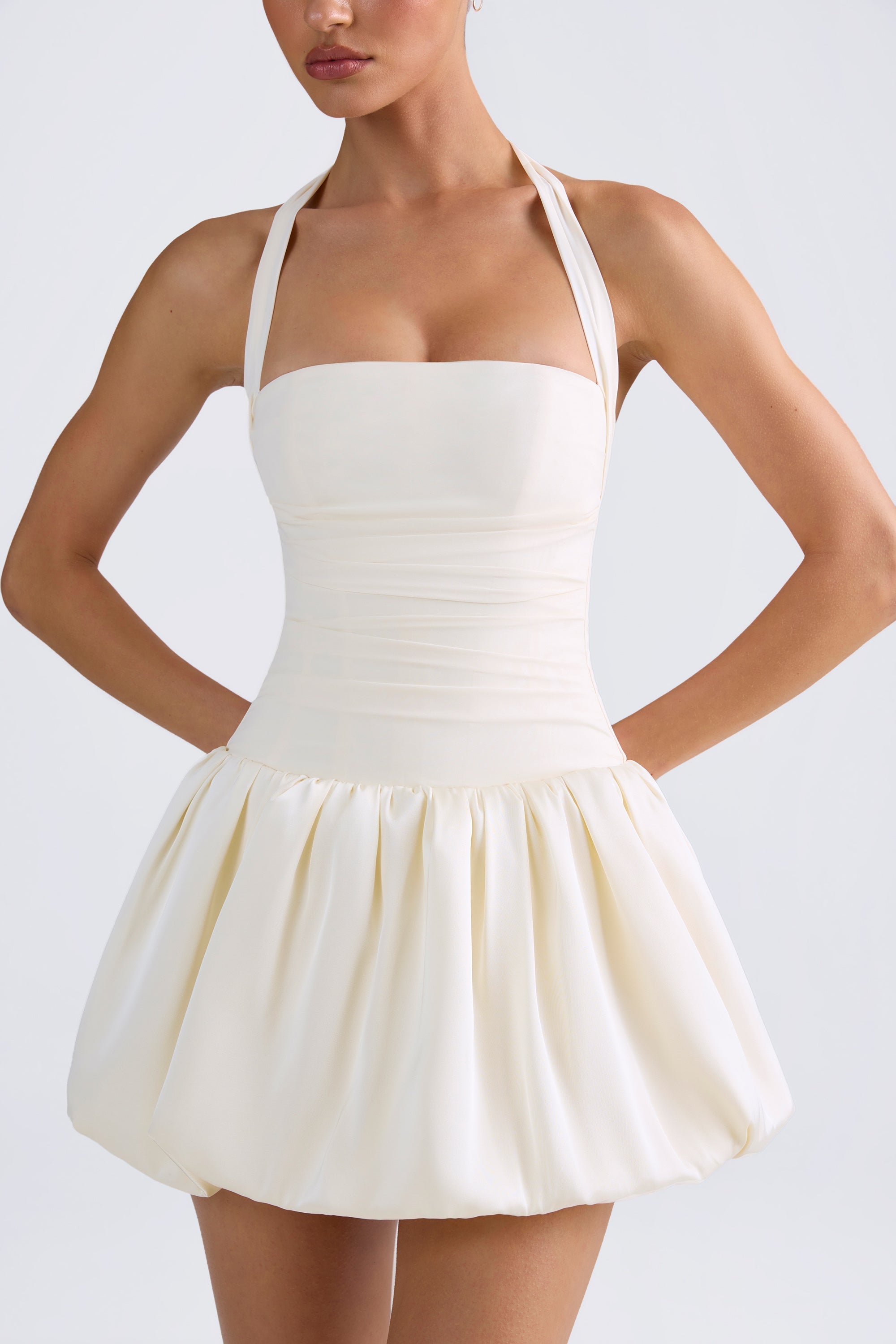 Halter Neck Lace-Up Bubble Hem Corset Micro Mini Homecoming Dress